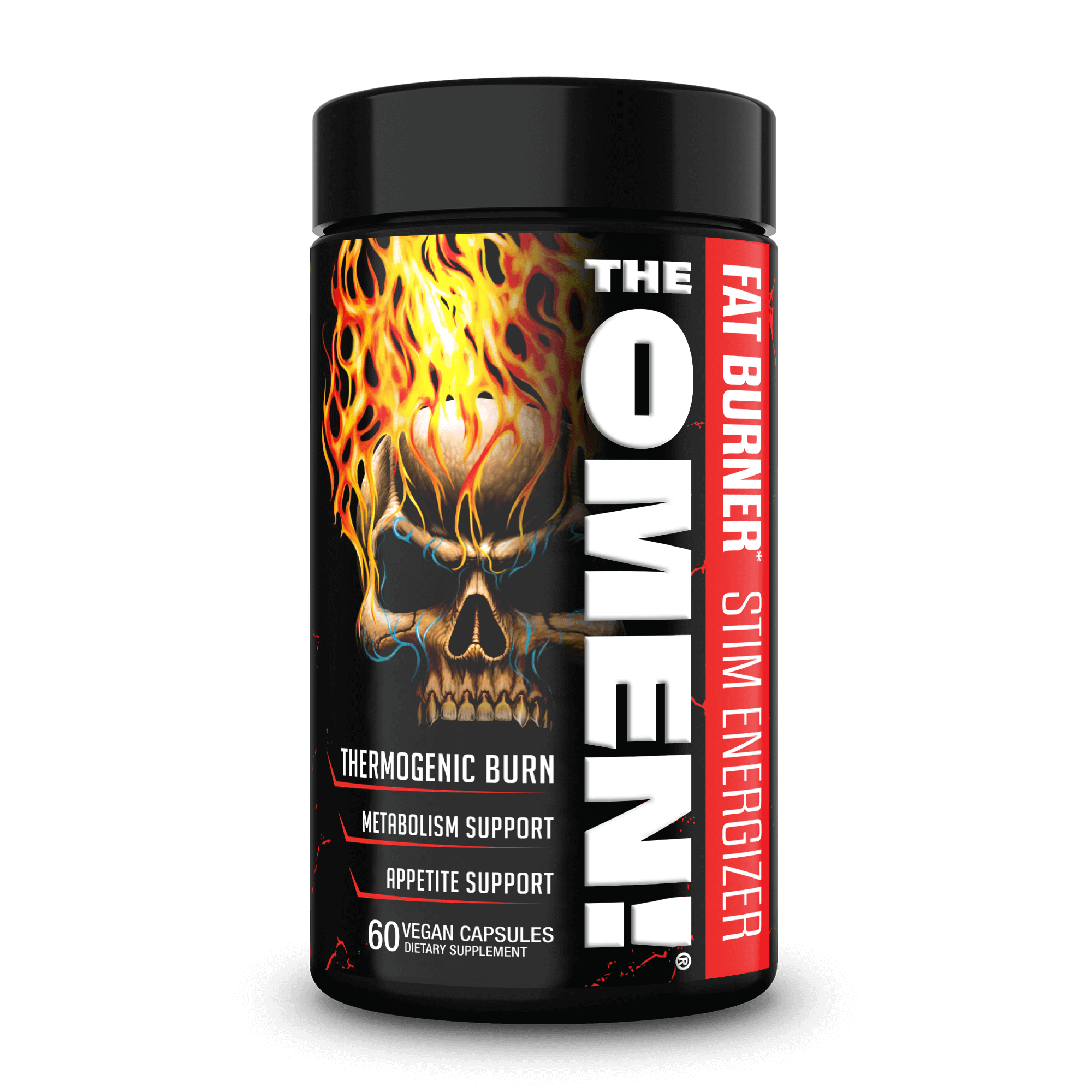 The Omen Fat Burner bottle with striking design and information on thermogenic burn and appetite support.