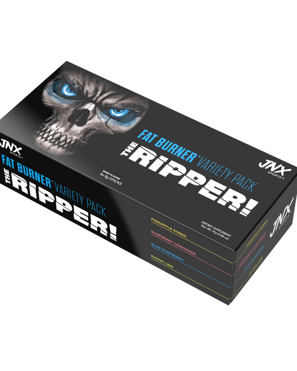 The Ripper Fat Burner Variety Pack with bold packaging featuring a skull design and flavor names.