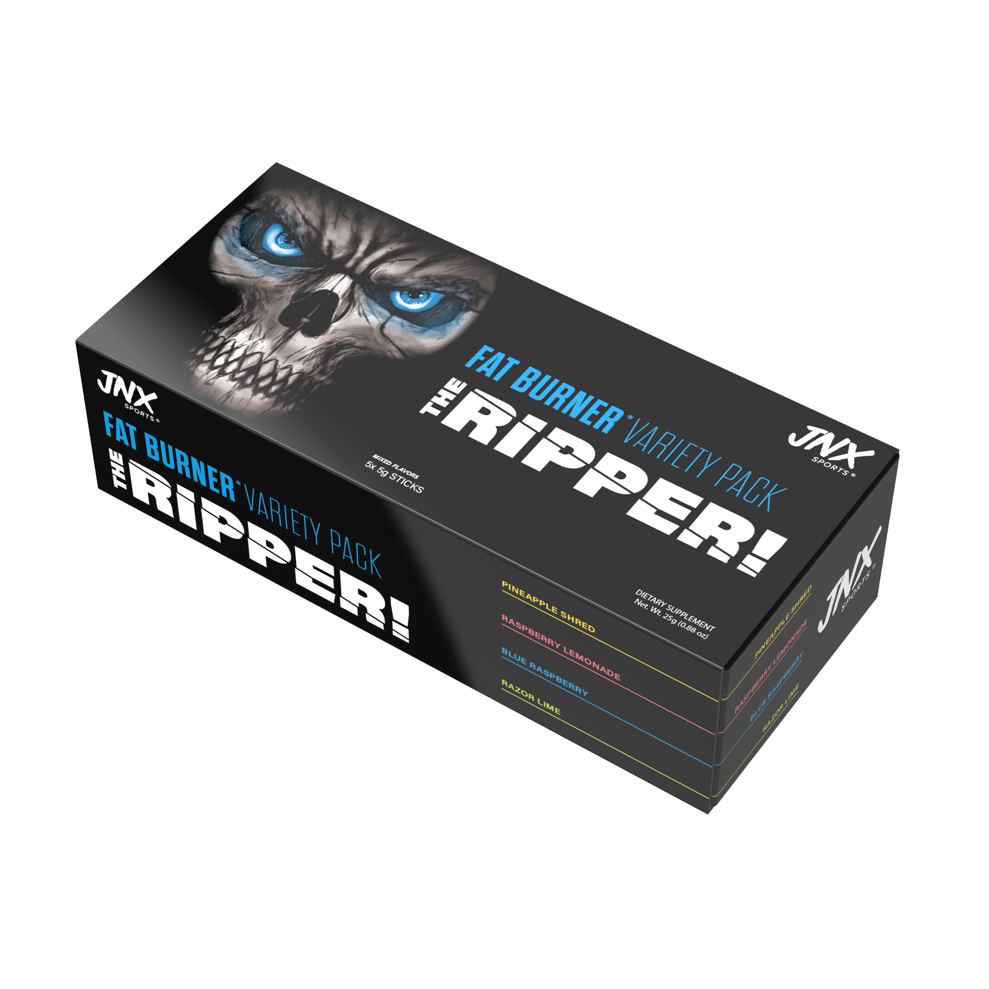 The Ripper Fat Burner Variety Pack with bold packaging featuring a skull design and flavor names.