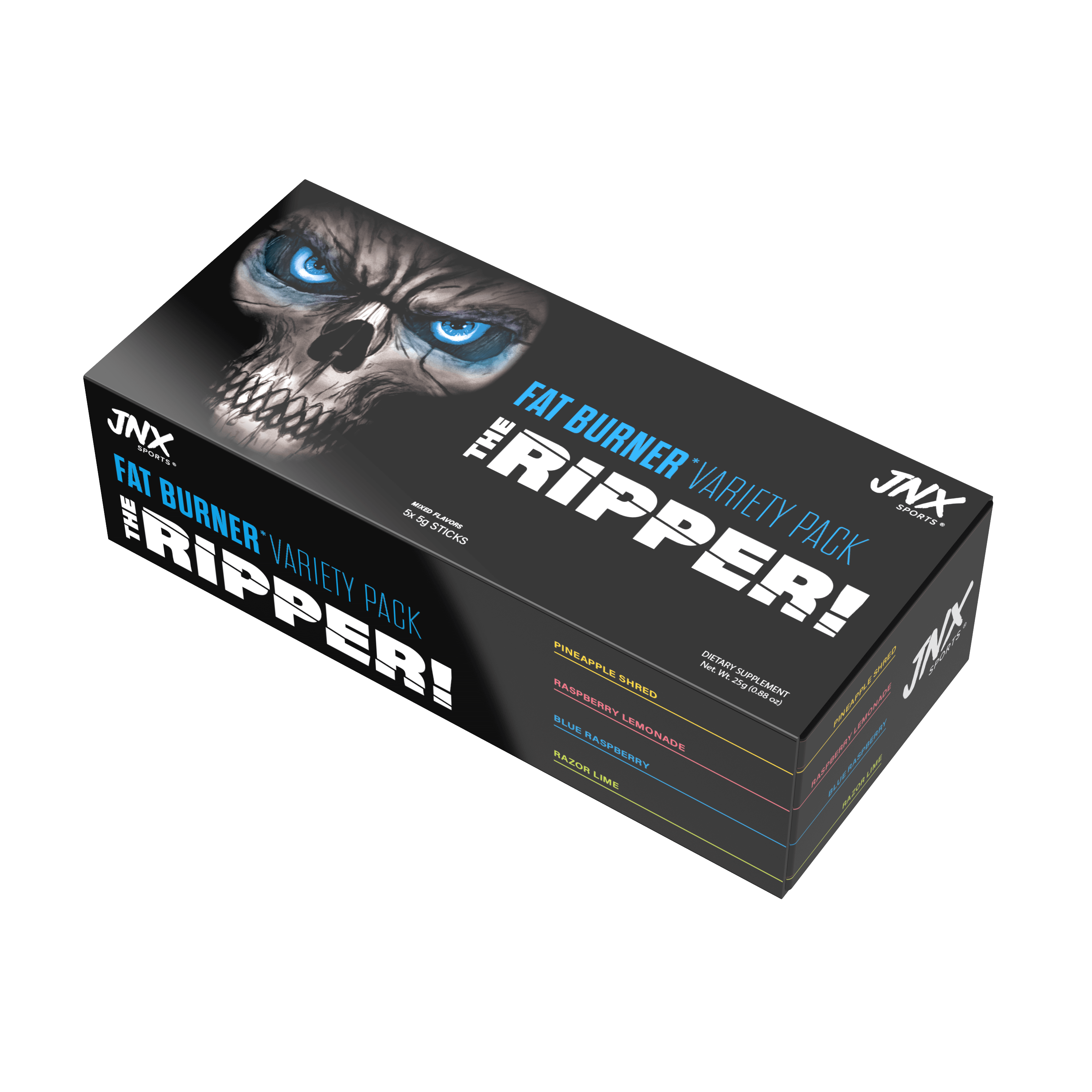 The Ripper Fat Burner Variety Pack with bold packaging featuring a skull design and flavor names.
