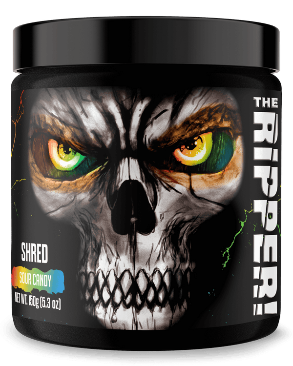 The Ripper Fat Burner container with a skull design, labeled 'SHRED SOUR CANDY', showcasing its intense energy properties.