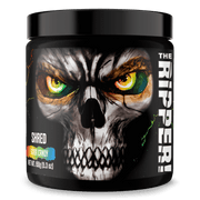 The Ripper Fat Burner container with a skull design, labeled 'SHRED SOUR CANDY', showcasing its intense energy properties.