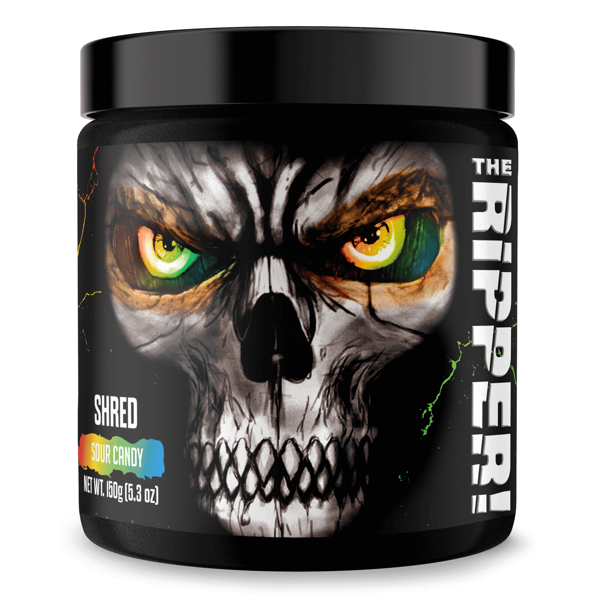 The Ripper Fat Burner container with a skull design, labeled 'SHRED SOUR CANDY', showcasing its intense energy properties.