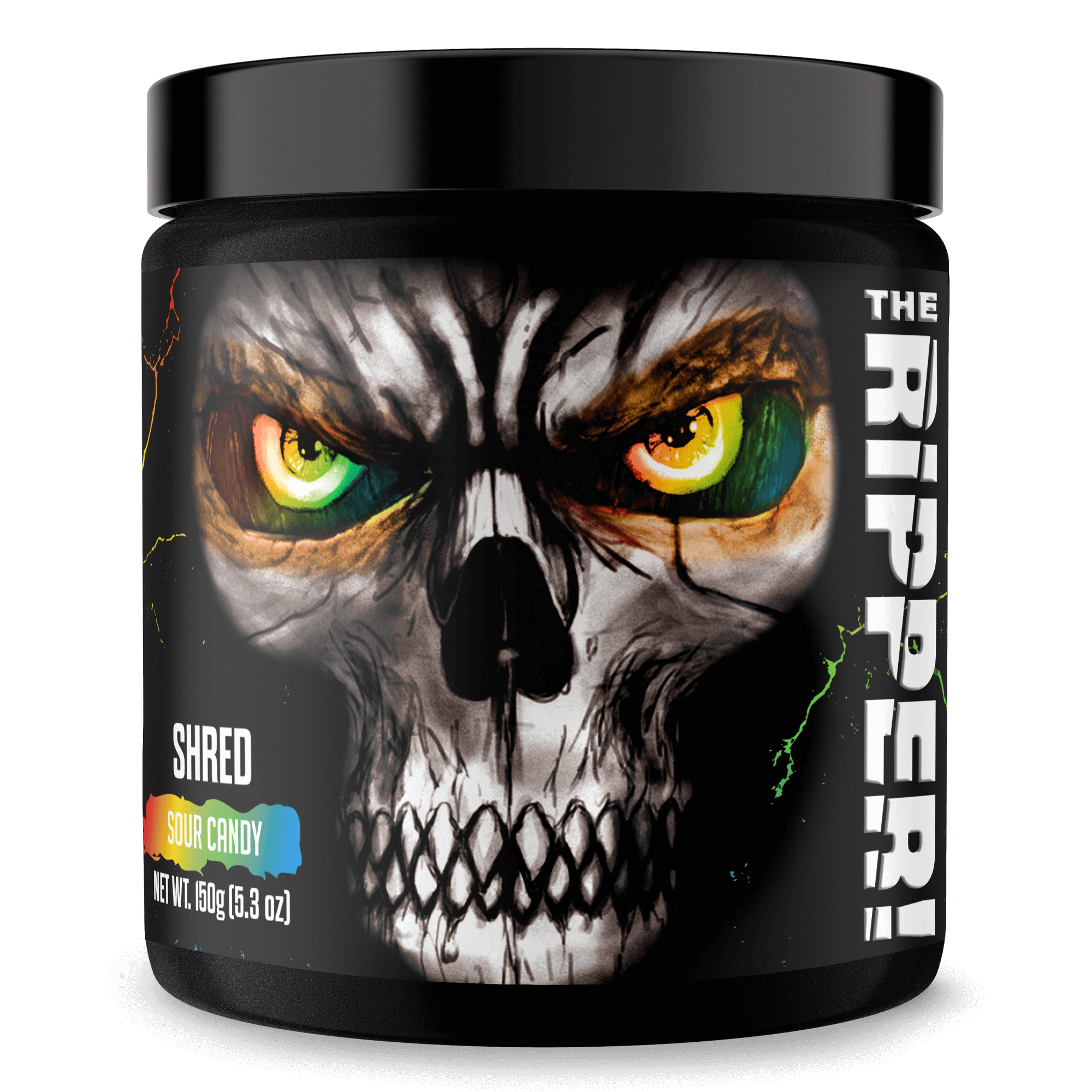 The Ripper Fat Burner container with a skull design, labeled 'SHRED SOUR CANDY', showcasing its intense energy properties.