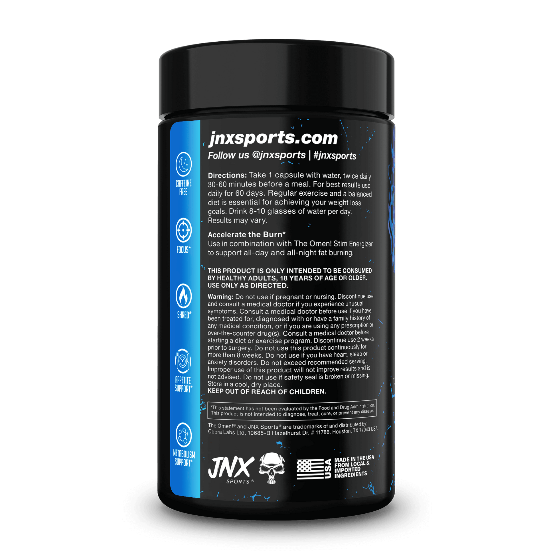 The Omen Stim-Free Fat Burner container with usage directions and supplement information on the label.