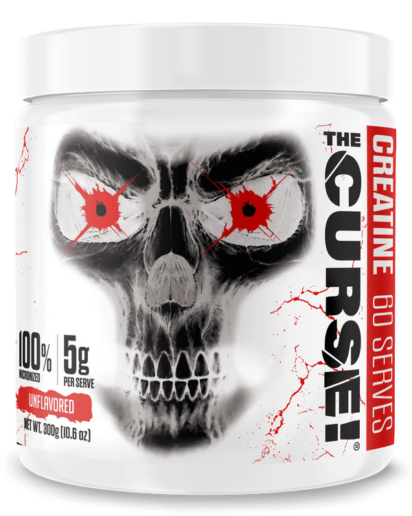 The Curse Creatine Monohydrate unflavored supplement jar with skull design, 300g, 60 servings.