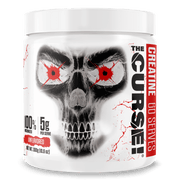 The Curse Creatine Monohydrate unflavored supplement jar with skull design, 300g, 60 servings.