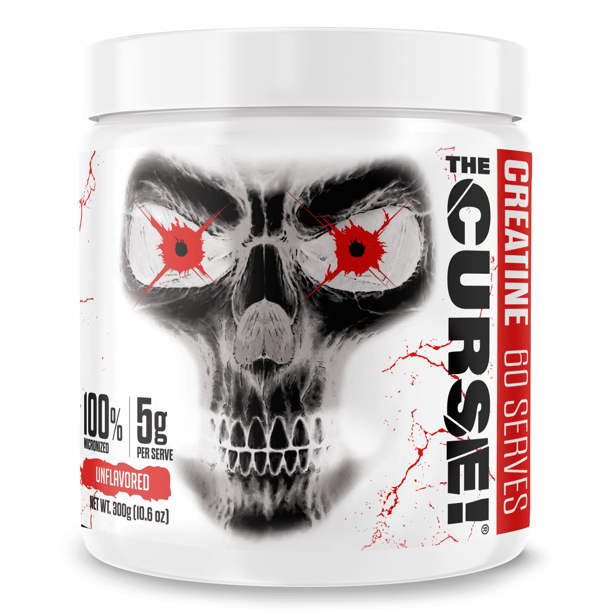The Curse Creatine Monohydrate unflavored supplement jar with skull design, 300g, 60 servings.