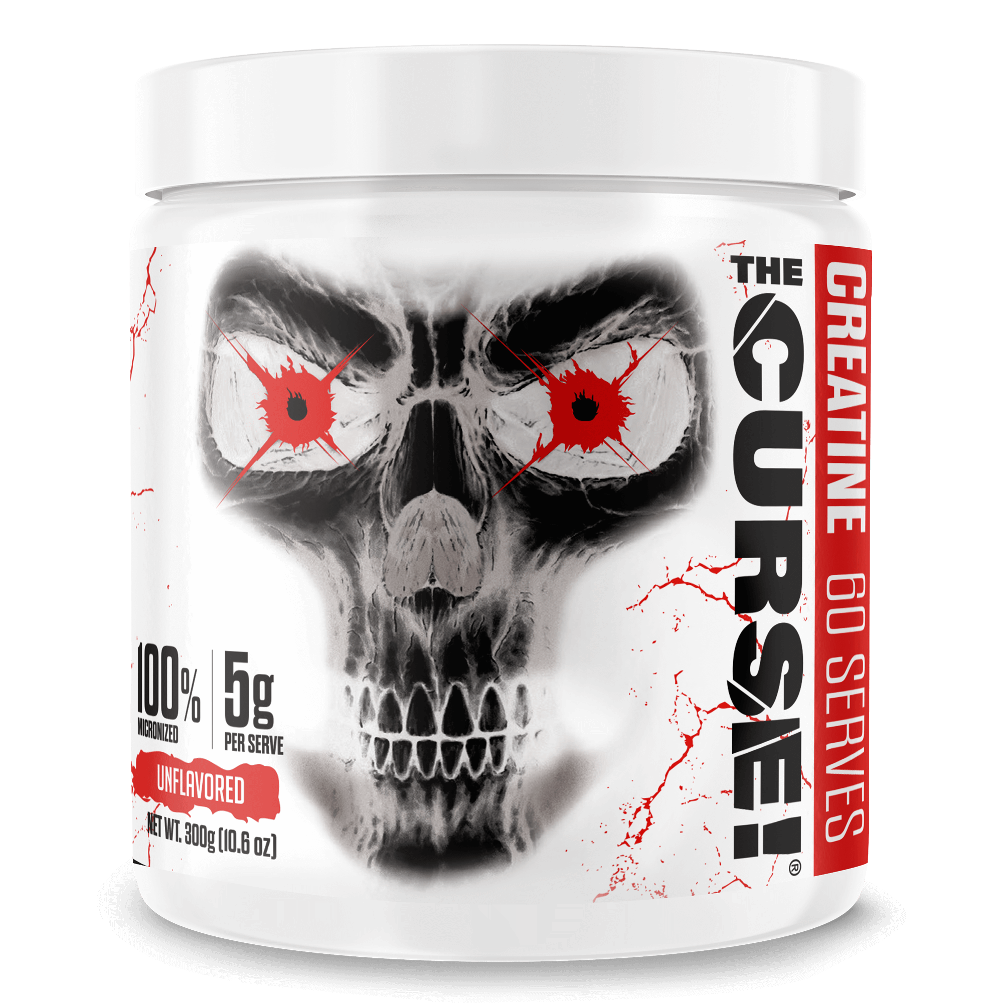 The Curse Creatine Monohydrate unflavored supplement jar with skull design, 300g, 60 servings.