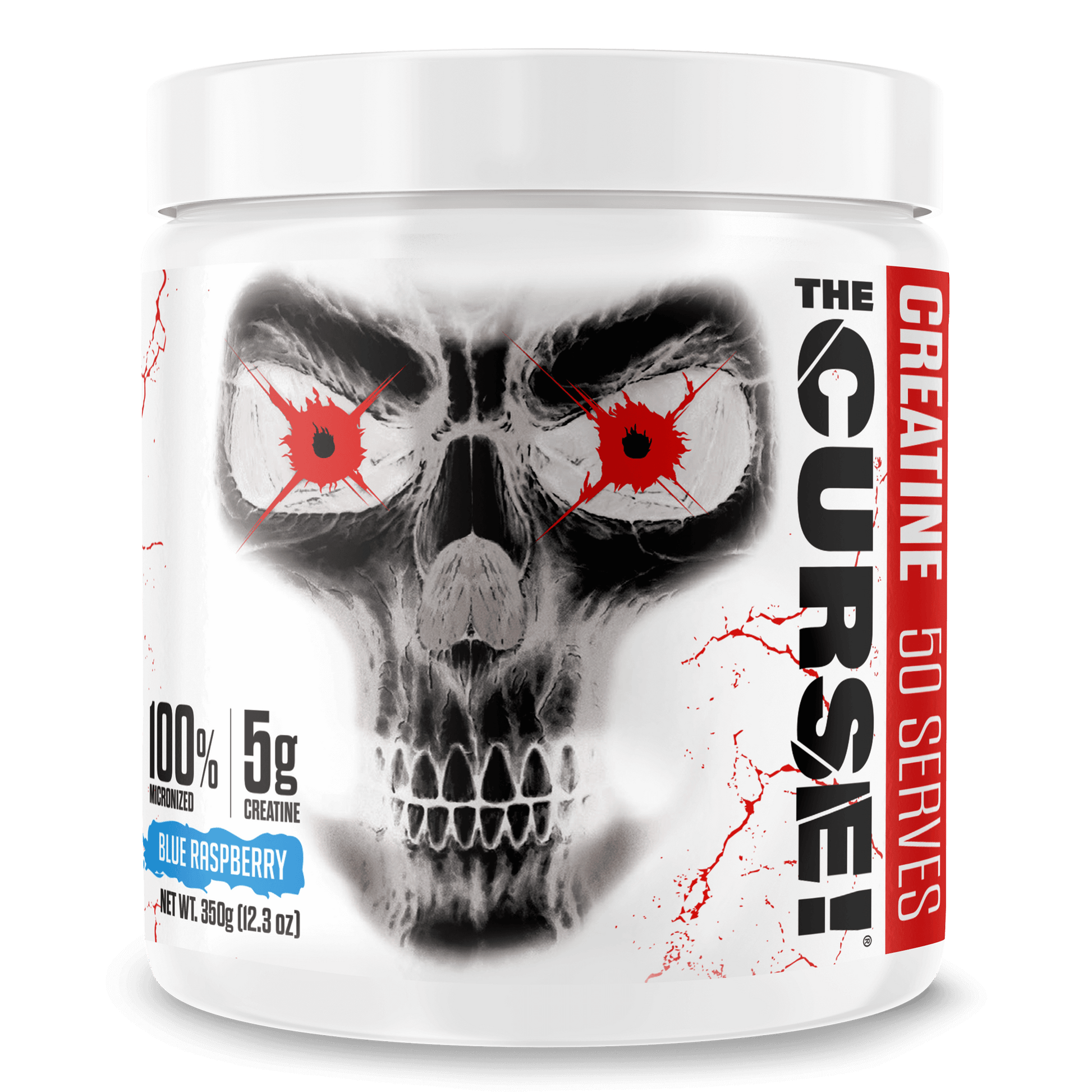 The Curse Creatine Monohydrate container featuring a skull design and Blue Raspberry flavor, 50 serves.