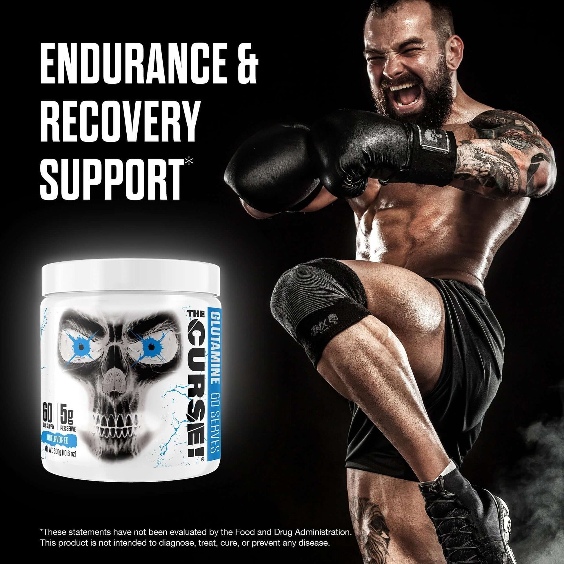 The Curse Micronized Glutamine container with a muscular athlete, highlighting endurance and recovery support.