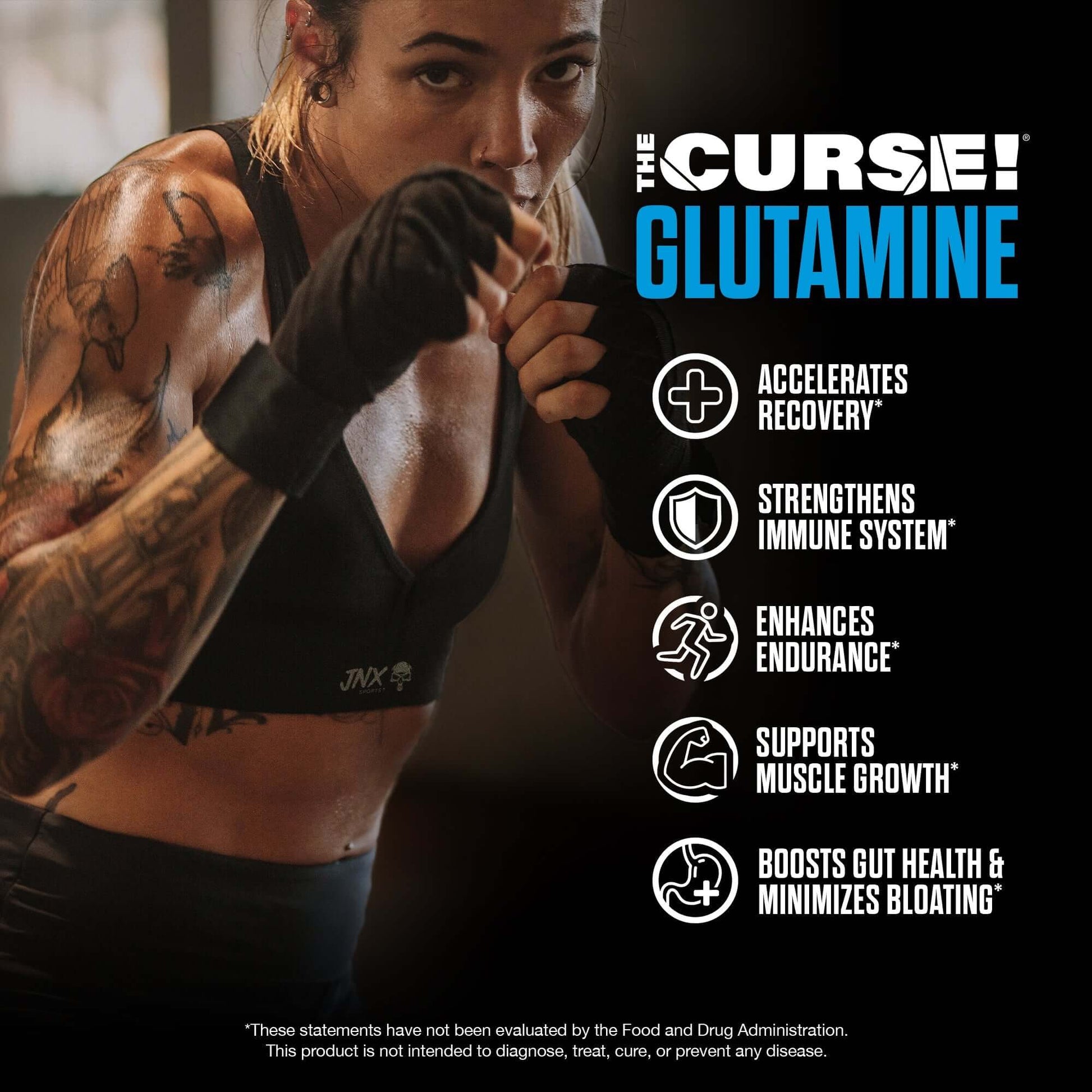 The Curse Micronized Glutamine product benefits including recovery, immune support, endurance, muscle growth, and gut health.