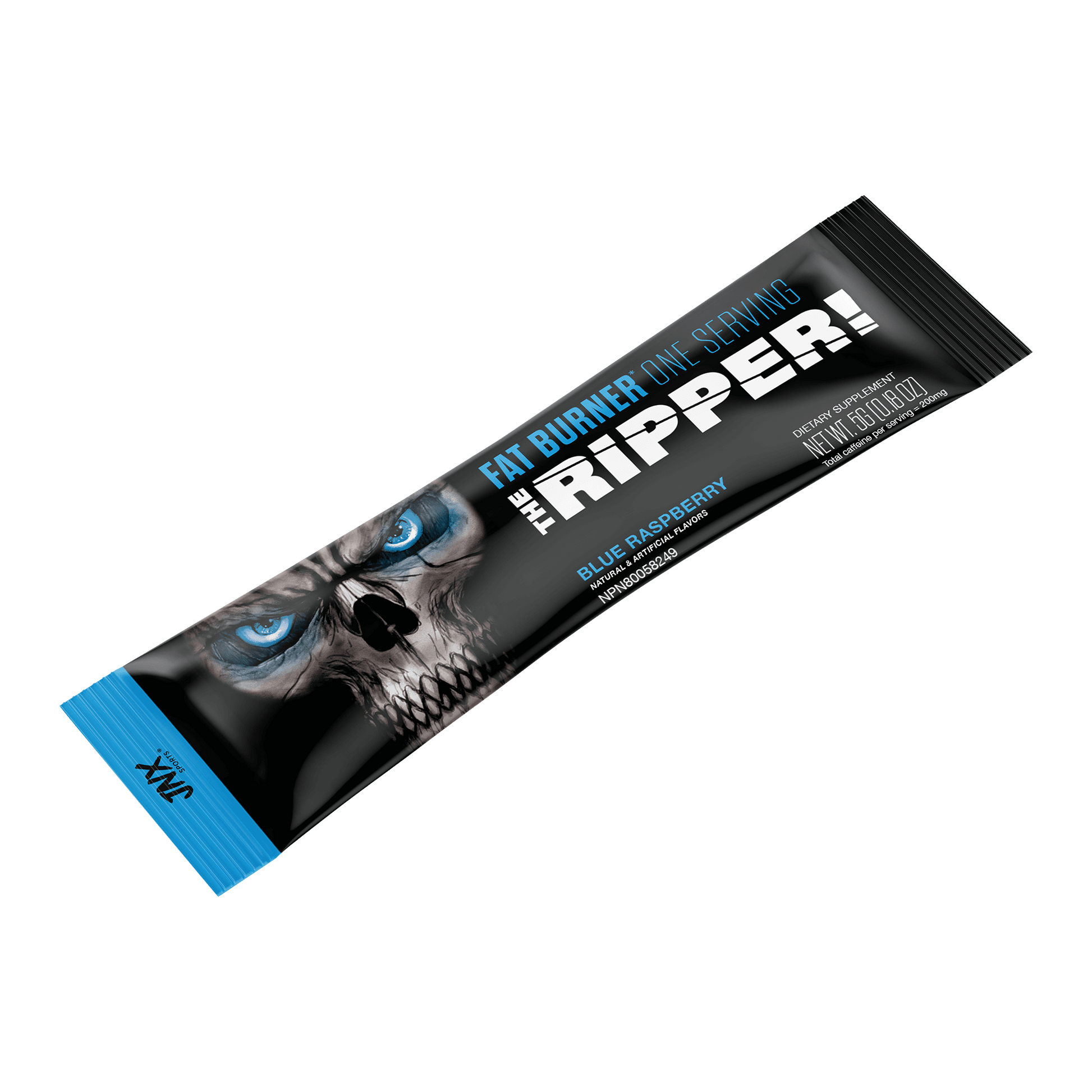 The Ripper Fat Burner Stick packaging with skull design, featuring blue raspberry flavor and thermogenic ingredients.