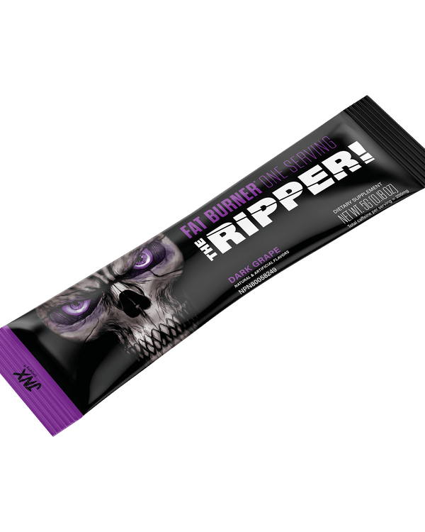 The Ripper Fat Burner Stick packaging featuring a skull design and dark grape flavor.