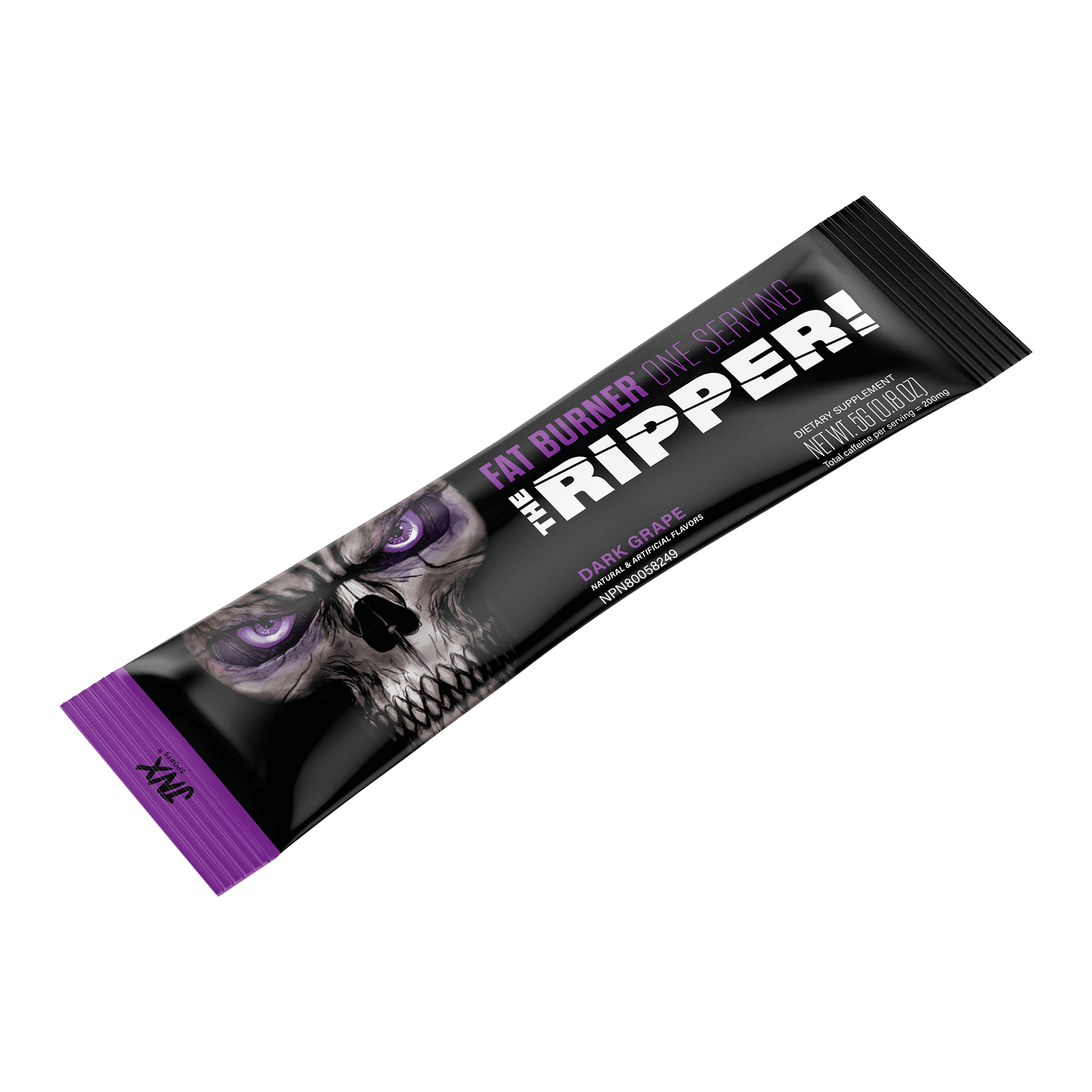 The Ripper Fat Burner Stick packaging featuring a skull design and dark grape flavor.