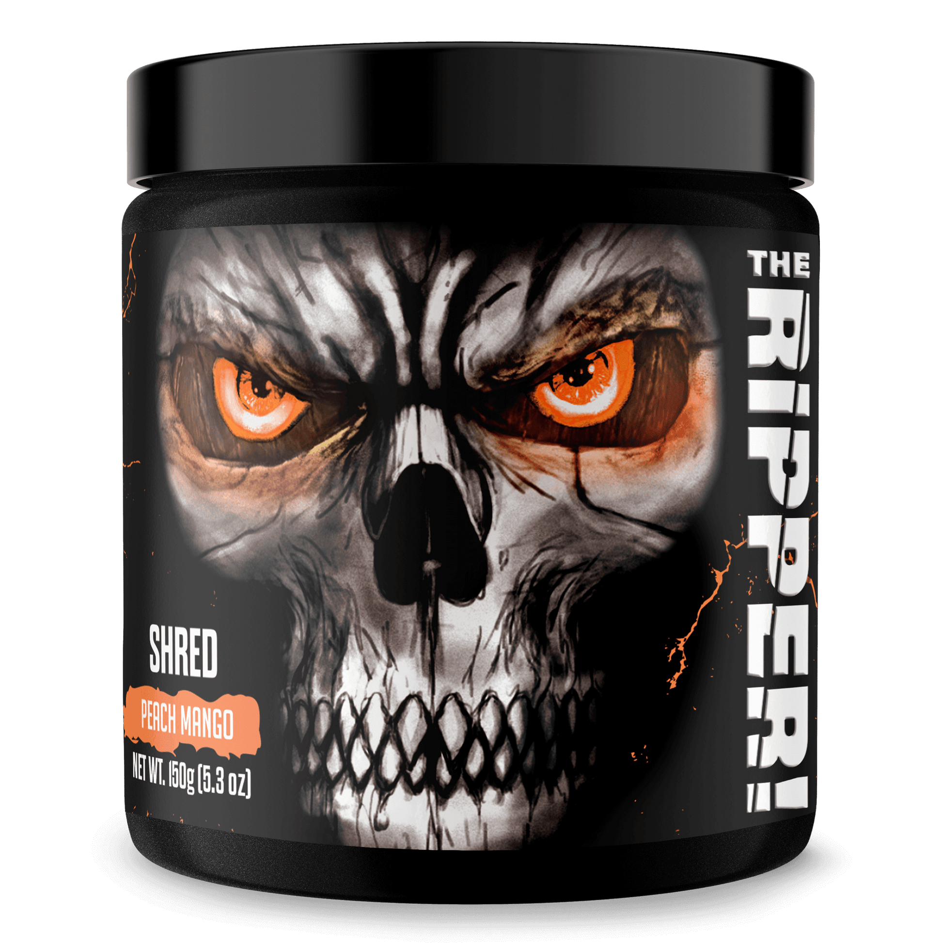 The Ripper Fat Burner Peach Mango flavor in a dramatic skull-themed container.