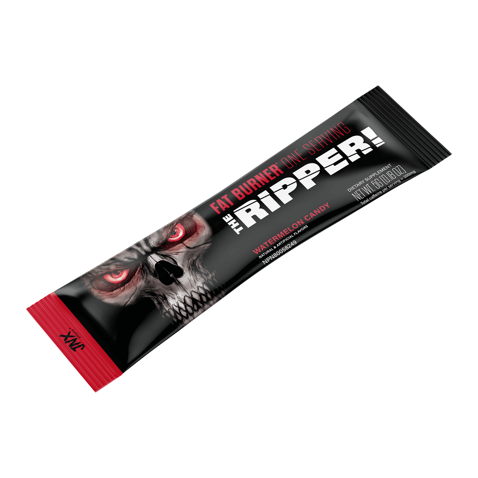 The Ripper Fat Burner Stick in watermelon candy flavor, featuring a bold design with a skull and red accents.