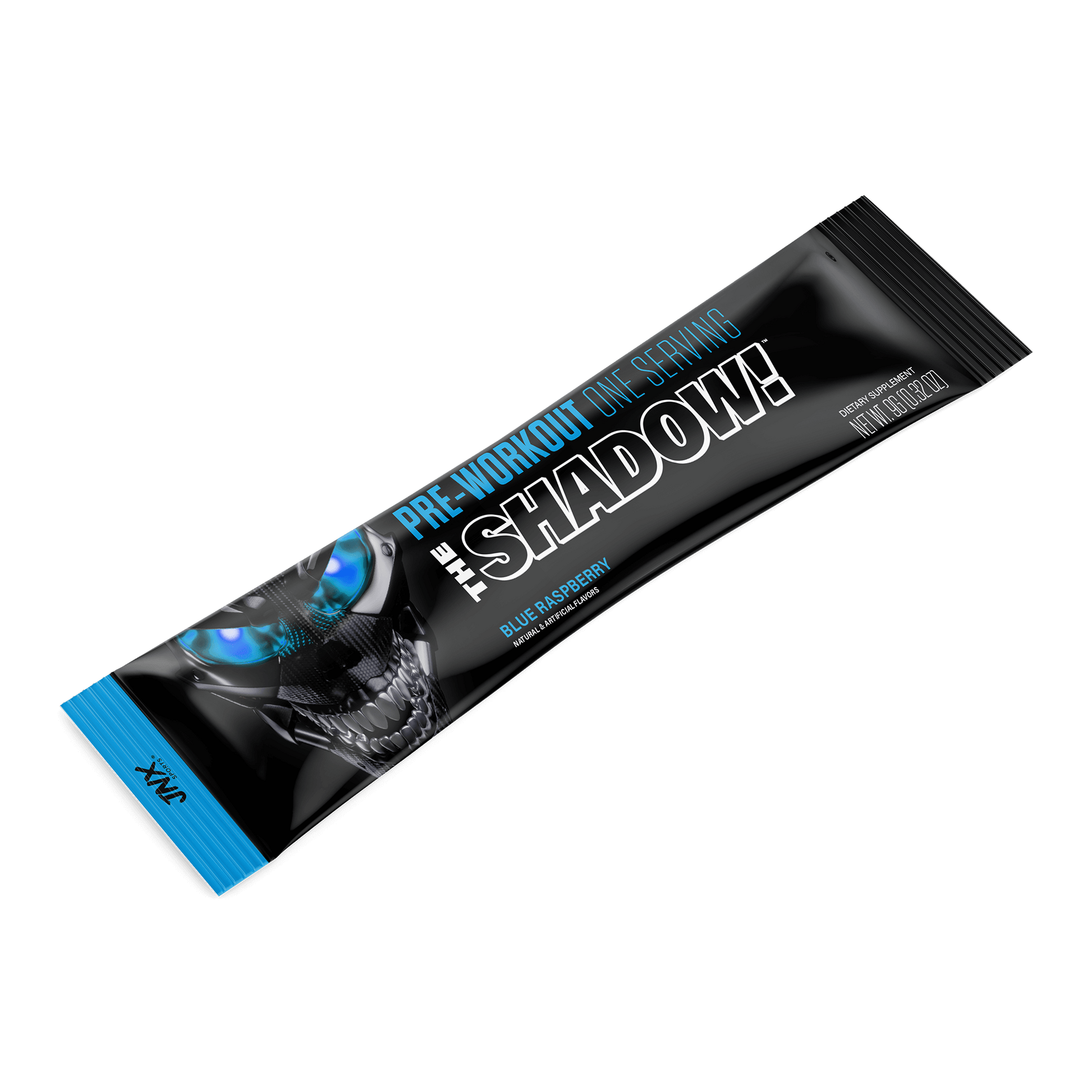 The Shadow Pre-Workout Stick, single-serve packet with blue raspberry flavor for intense energy.