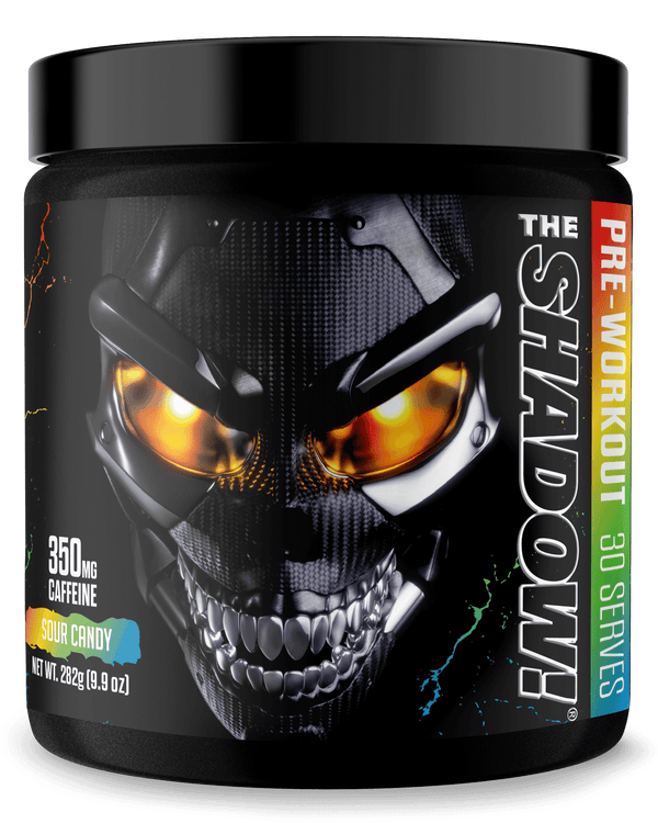 The Shadow Pre-Workout container showcasing 350mg caffeine in Sour Candy flavor, designed for intense workouts.