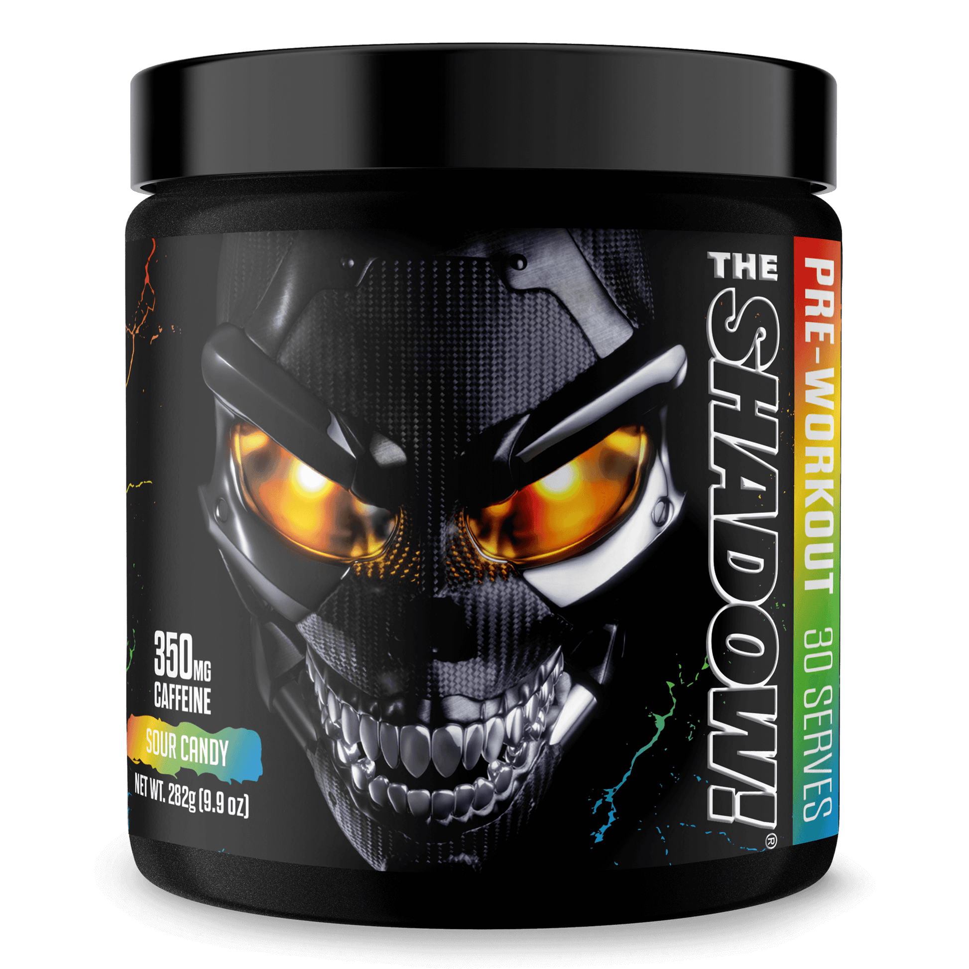 The Shadow Pre-Workout container showcasing 350mg caffeine in Sour Candy flavor, designed for intense workouts.