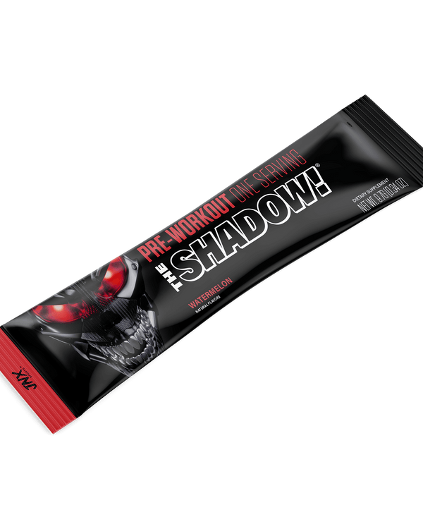The Shadow Pre-Workout Stick in a single serve packet with bold design and branding.