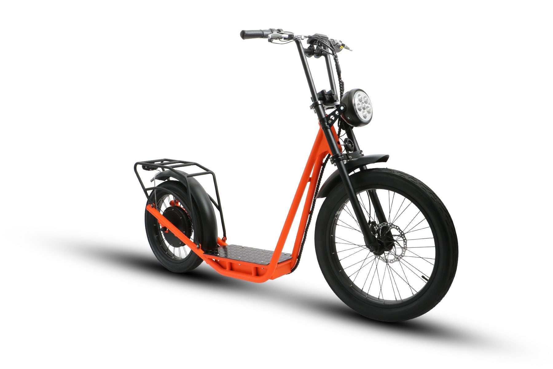 EUNORAU JUMBO ELECTRIC SCOOTER showcasing a sleek orange design with large tires and sturdy frame.