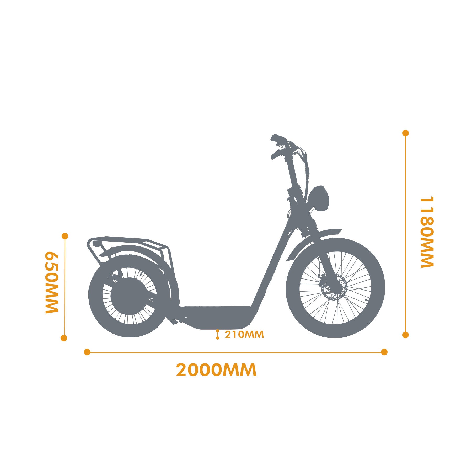 EUNORAU JUMBO ELECTRIC SCOOTER dimensions diagram showing length, height, and width in millimeters
