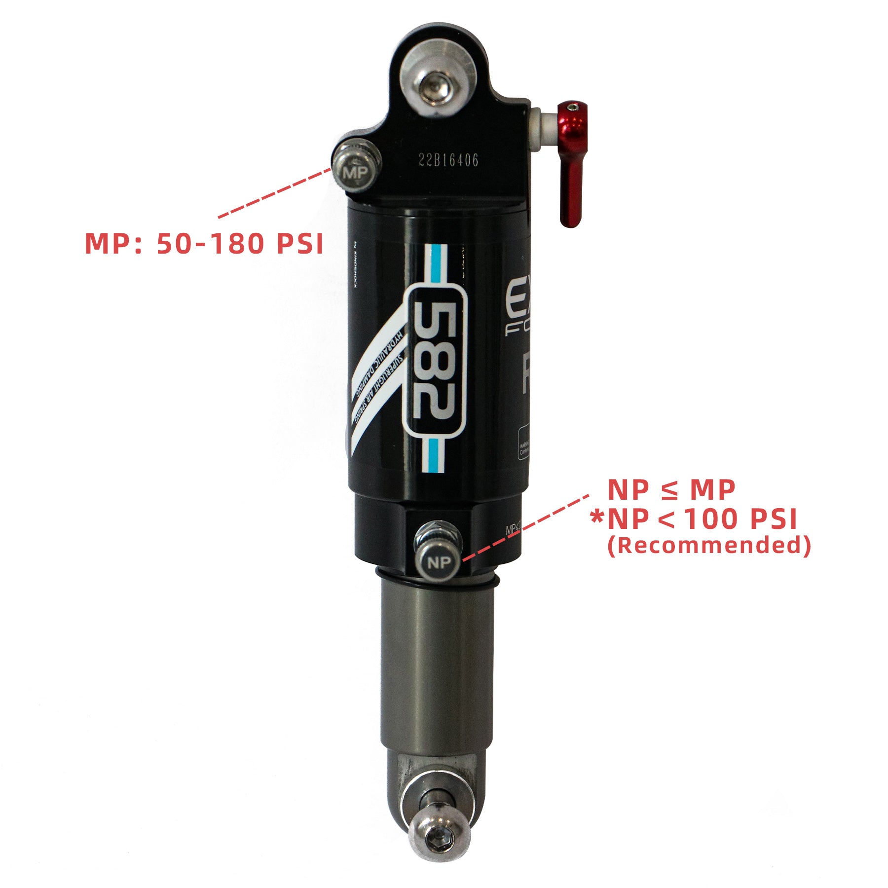 Shock absorber with labeled pressure ranges on a white background