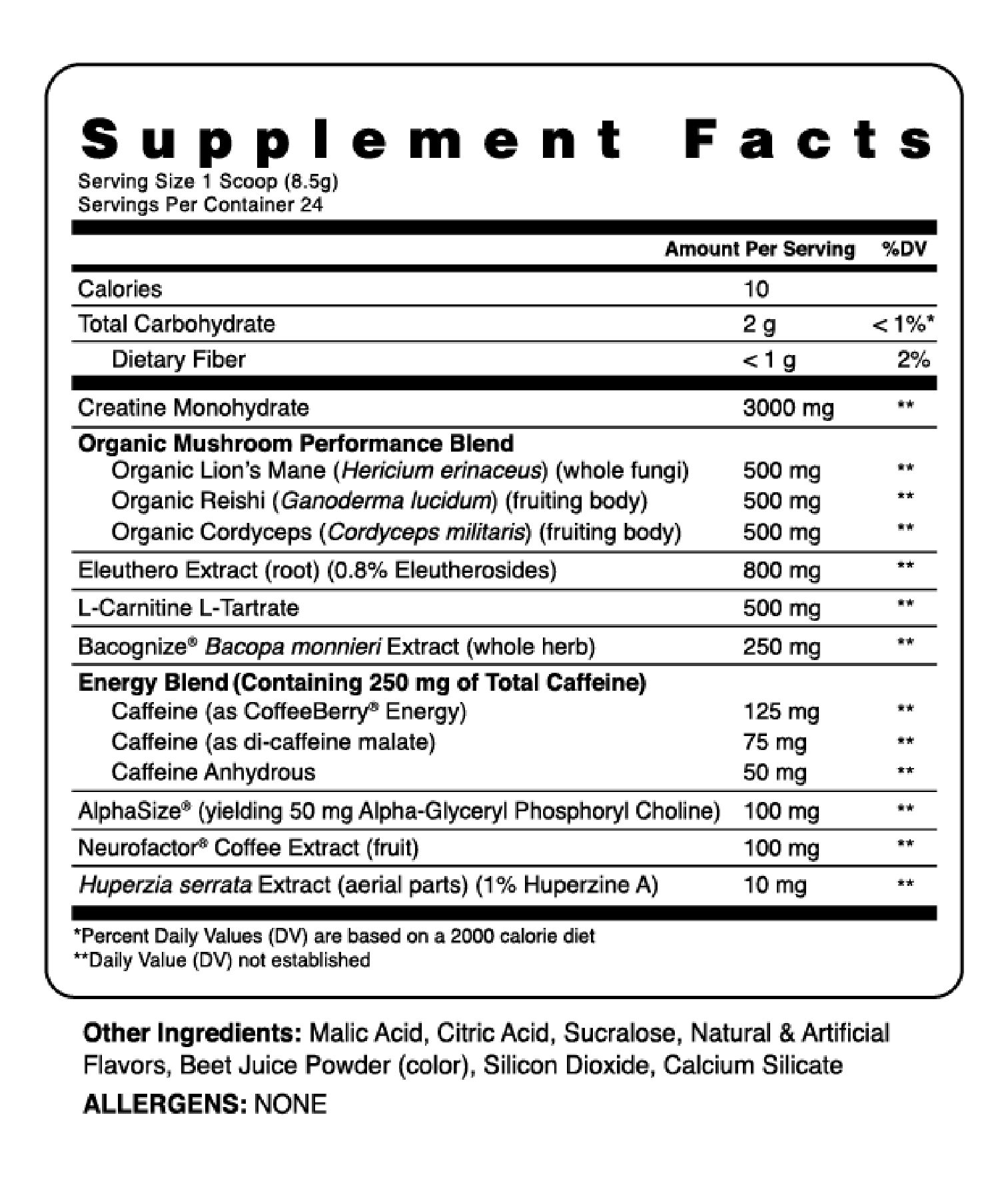 Supplement Facts for Kinetic - Mushroom Enhanced Pre-Workout, detailing nutrients and ingredients.