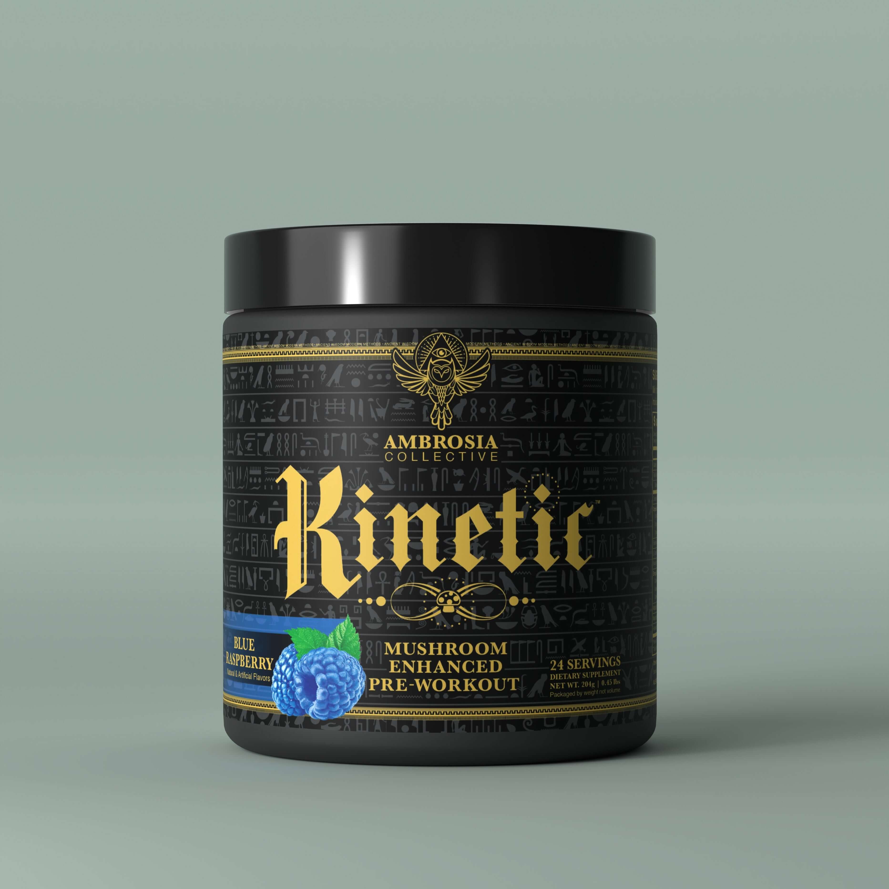 Kinetic - Mushroom Enhanced Pre-Workout in a black container with a blue raspberry label, 27 servings.