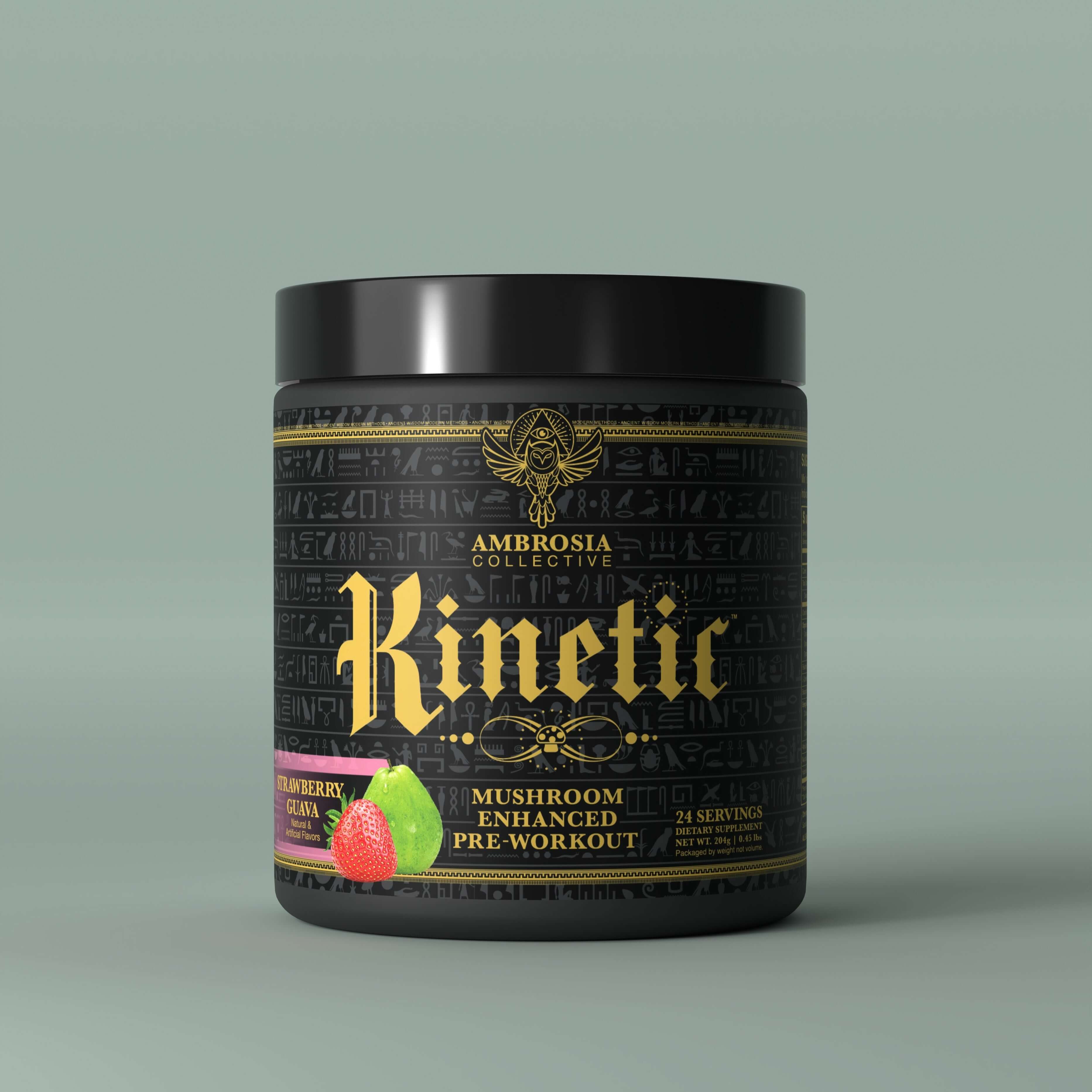 Kinetic - Mushroom Enhanced Pre-Workout container with raspberry flavor on a minimalist background.
