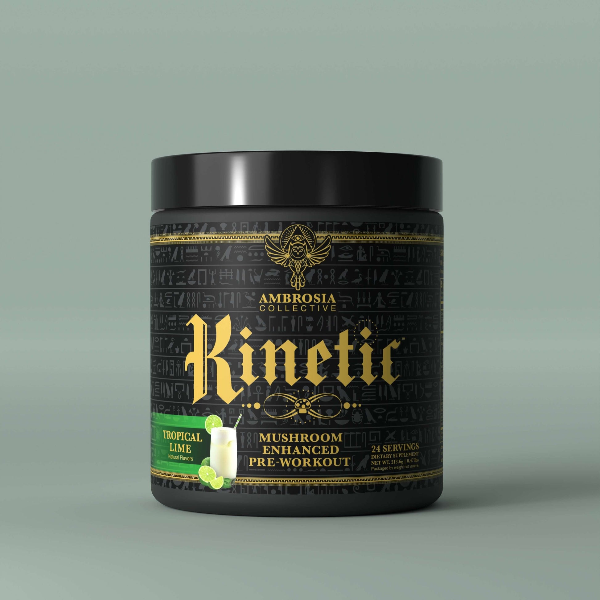 Kinetic - Mushroom Enhanced Pre-Workout Tropical Lime flavor, featuring 24 servings in a stylish black container.
