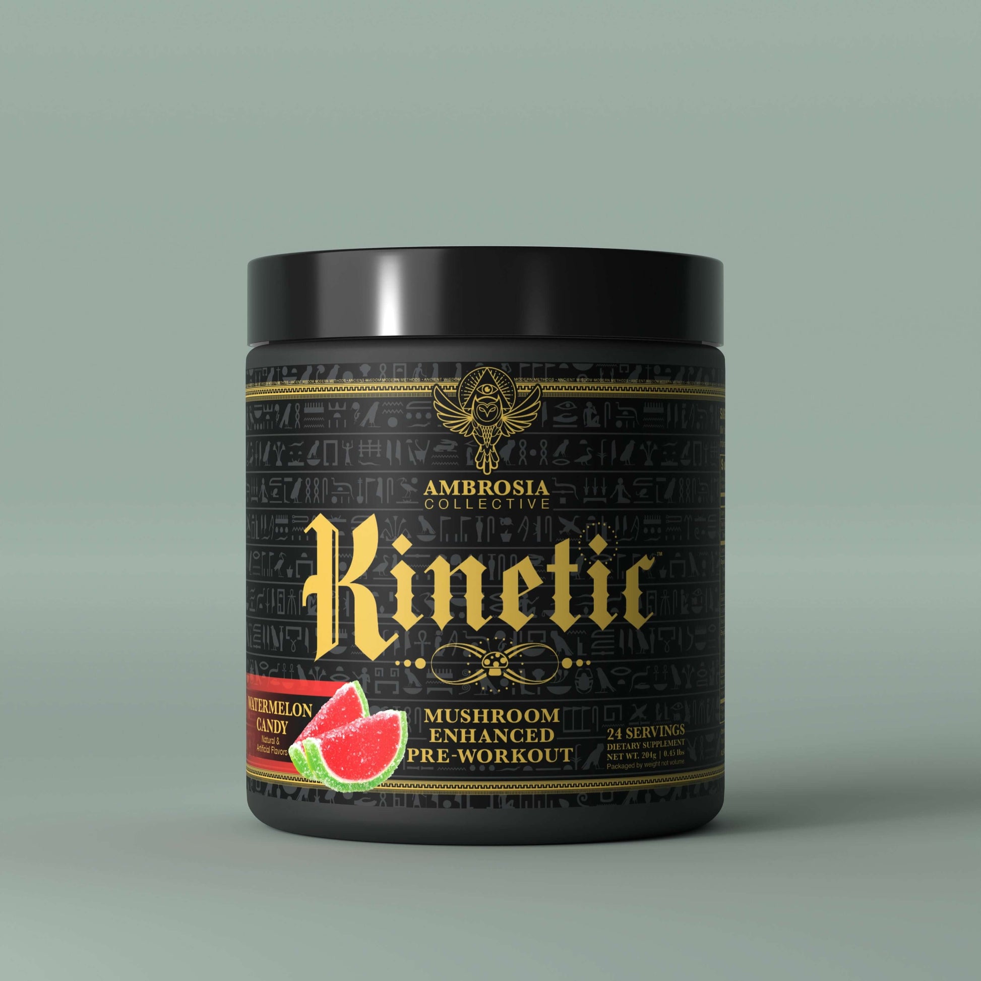 Kinetic - Mushroom Enhanced Pre-Workout in a black container with watermelon candy flavor and 24 servings.