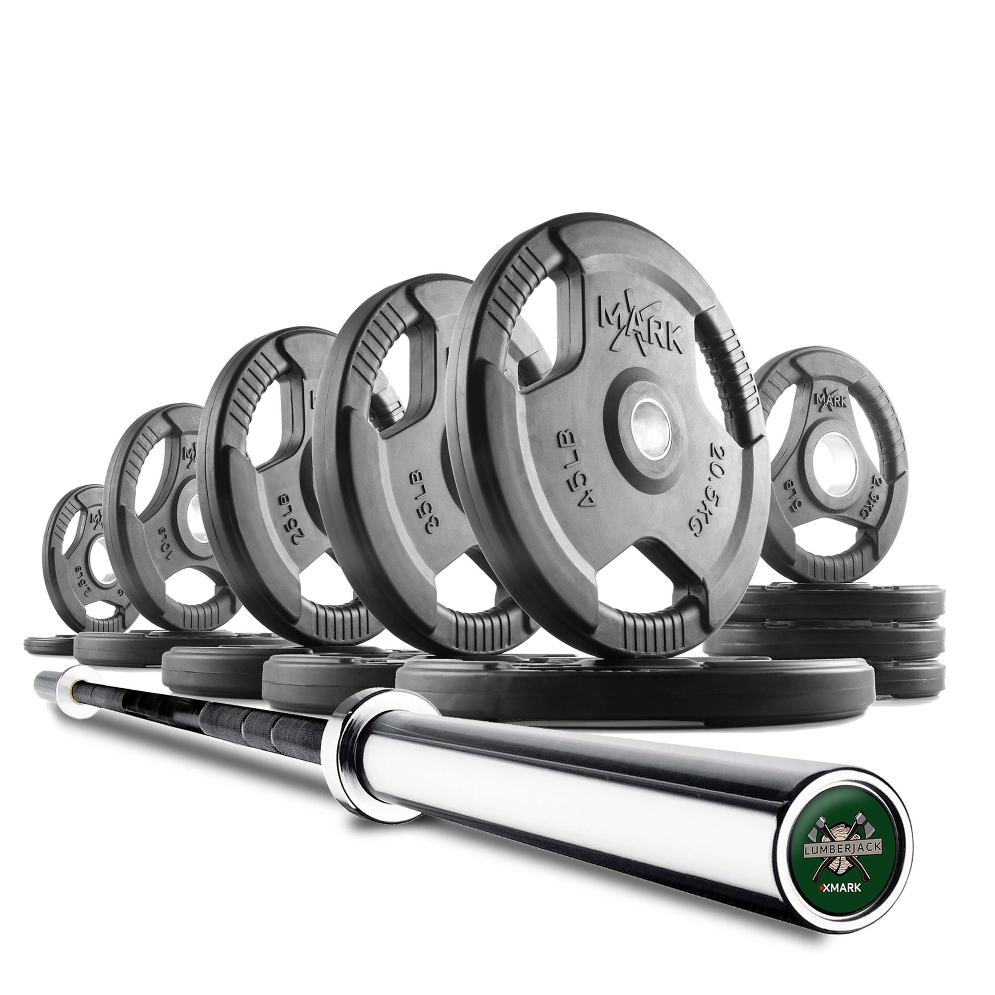 Tri-Grip Olympic Weight Plates and Olympic Barbell Sets featuring multiple weight plates and a barbell.