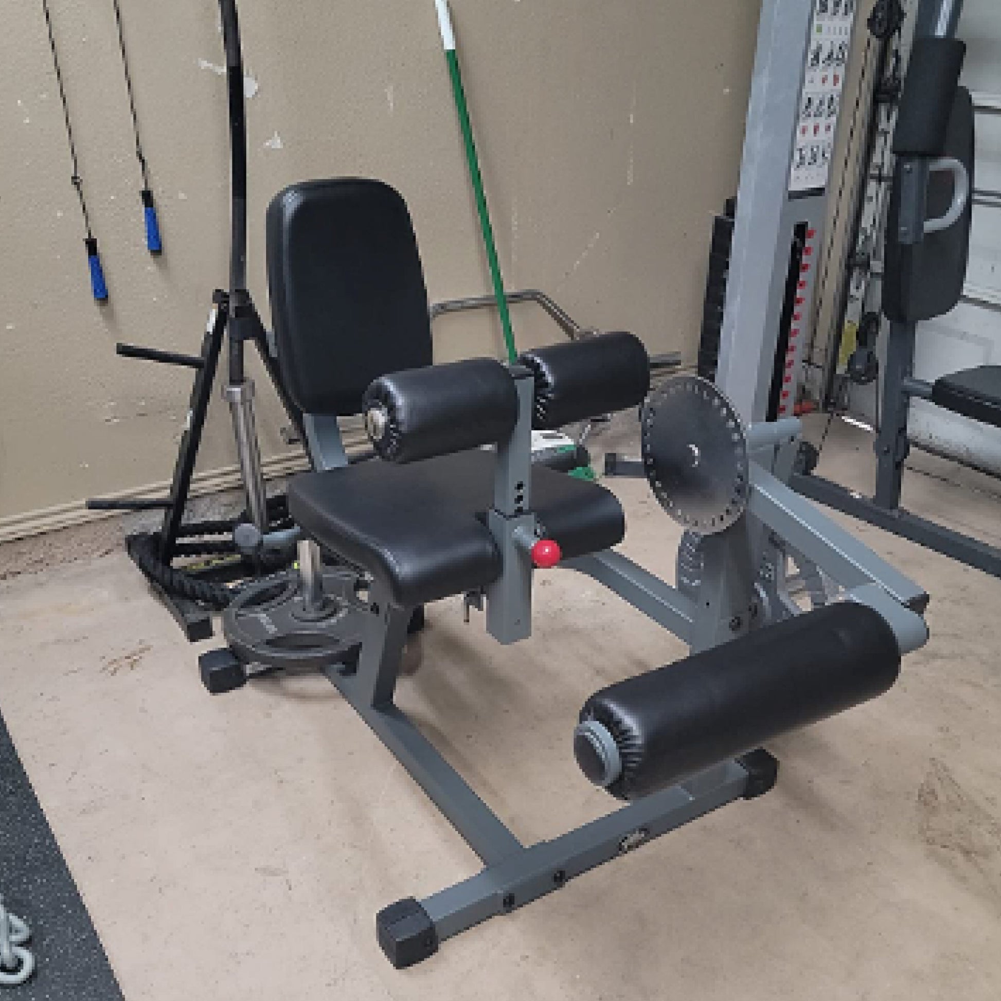 Rotary Leg Extension Curl Machine in a gym, featuring heavy-duty steel frame and adjustable components for effective leg workouts.