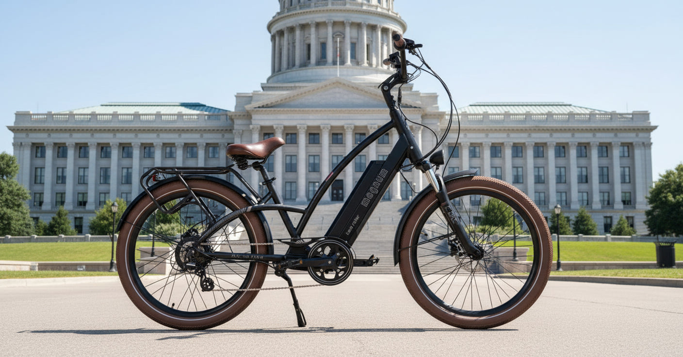 Low Rider 2.0 Cruiser Ebike in black with brown accents, showcasing its stylish and comfortable design.