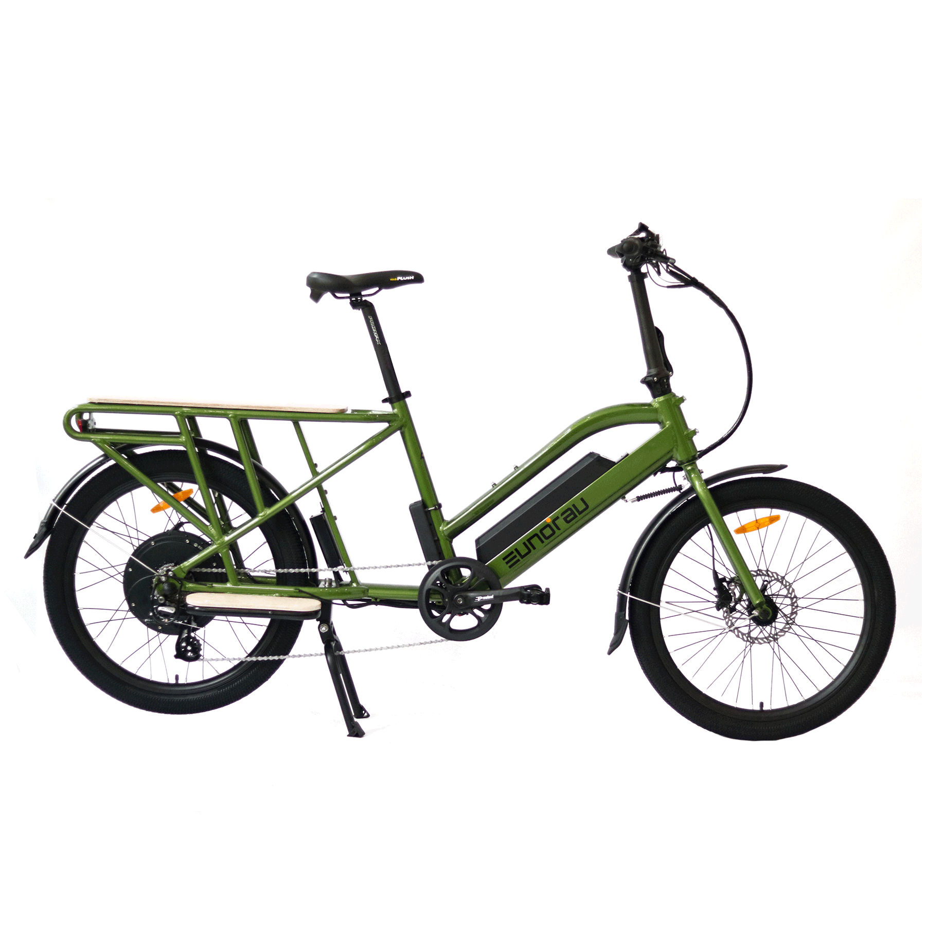 MAX-CARGO EBIKE showcasing a green 24-inch city tire model with a rear hub motor and a sturdy aluminum frame.
