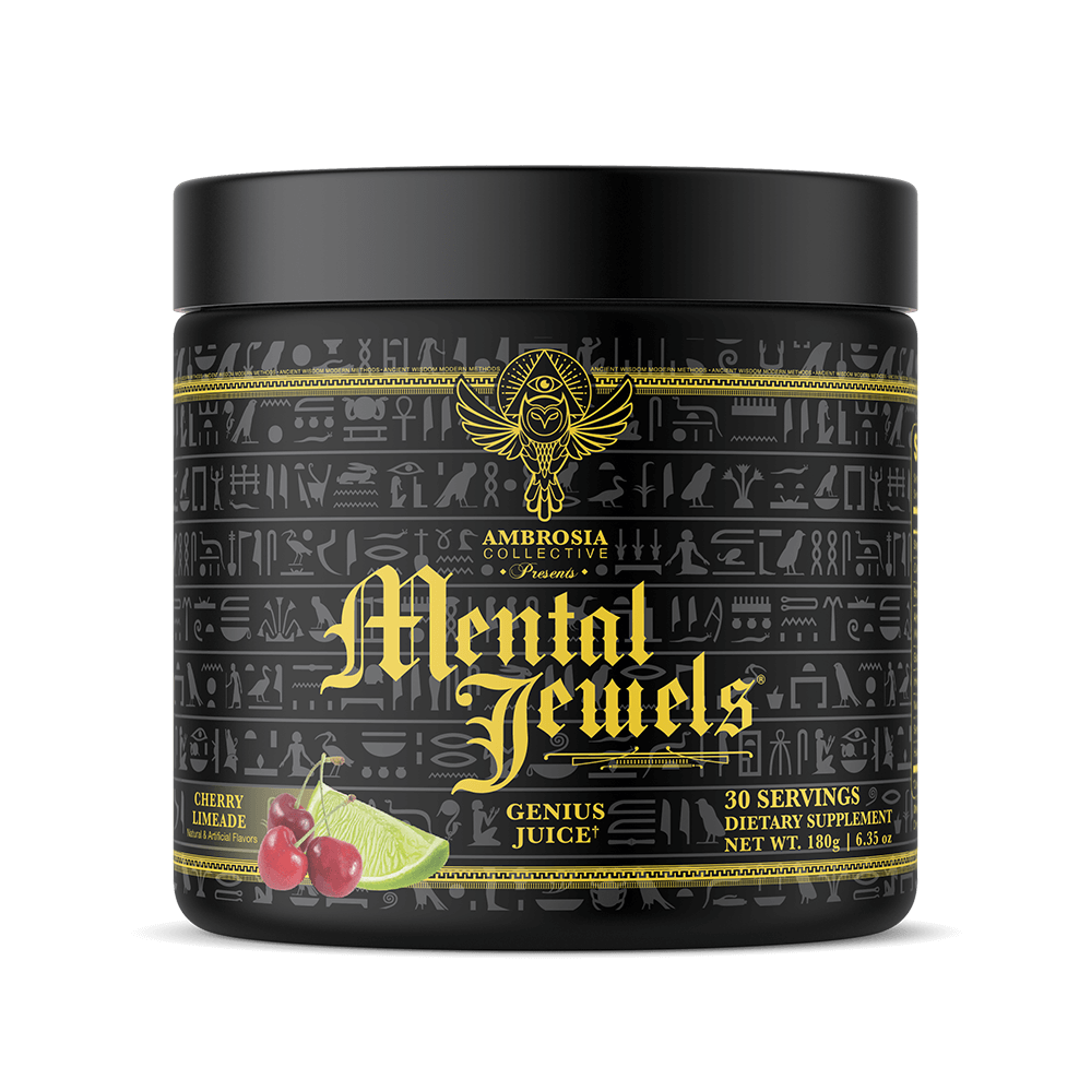 Mental Jewels - Cognitive Enhancement Powder container with cherry limeade flavor on a black background.