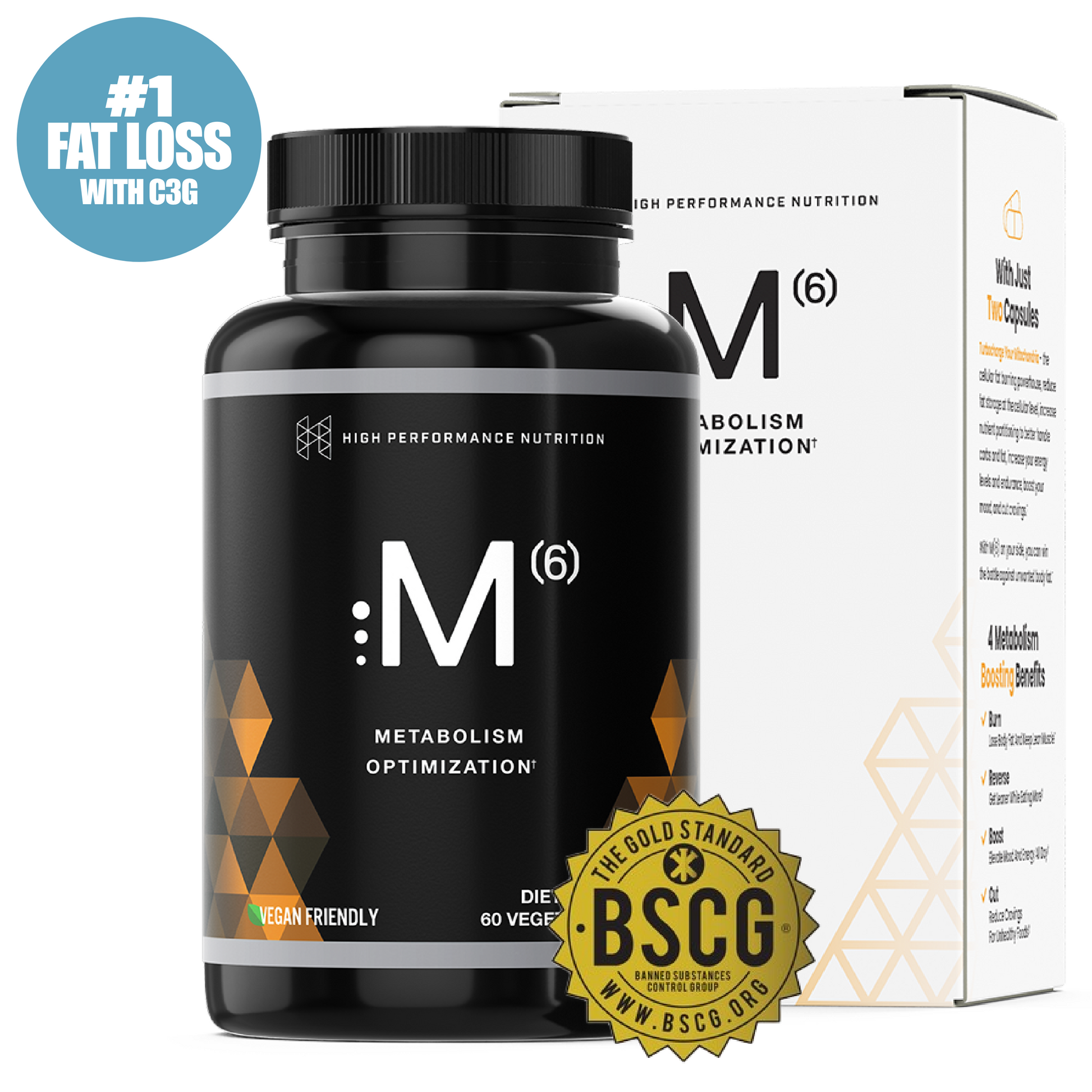 M6 Metabolism Optimization supplement bottle with box, vegan friendly, supports fat loss and weight management.