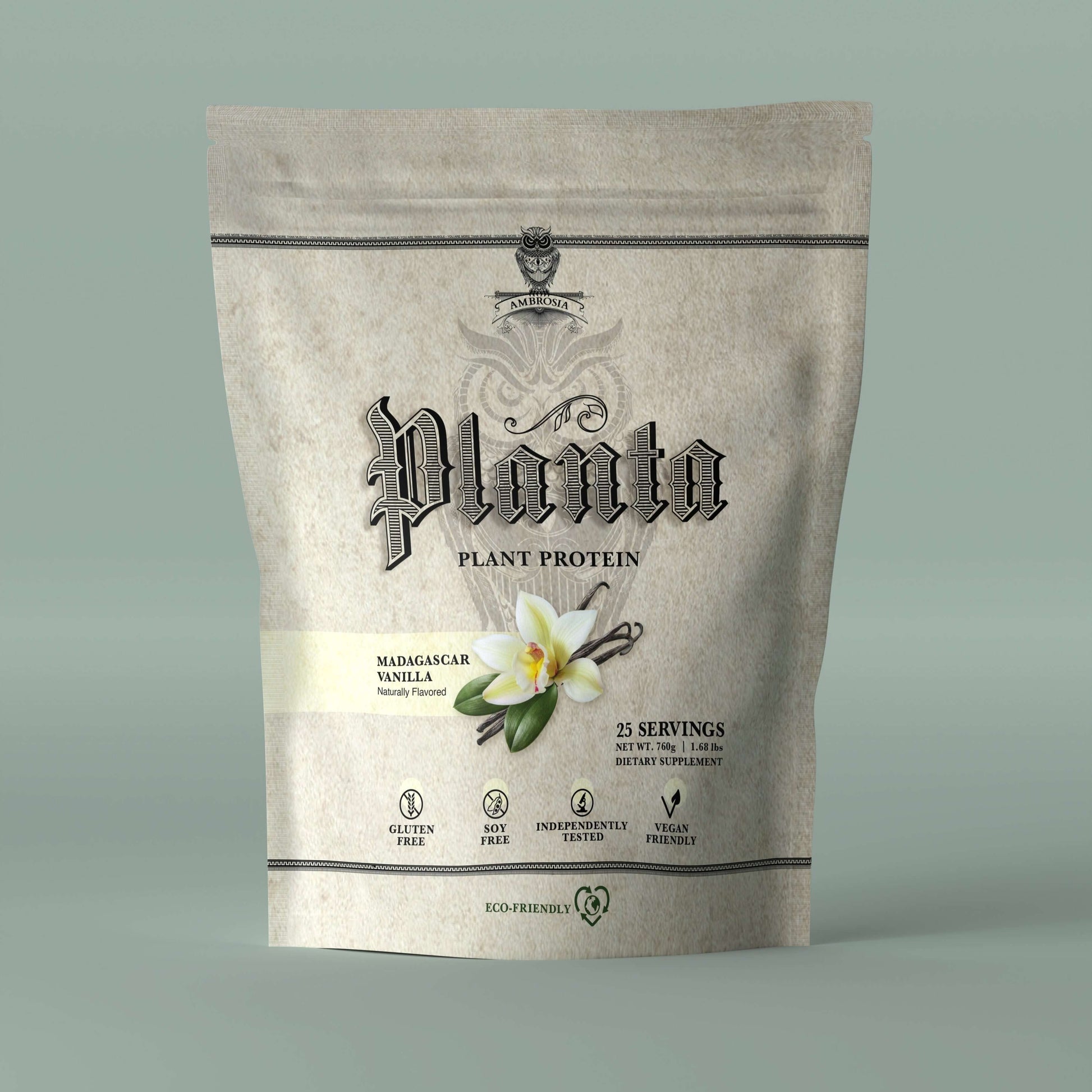 Planta - Premium Plant Protein packaging featuring Madagascar vanilla flavor and eco-friendly design.