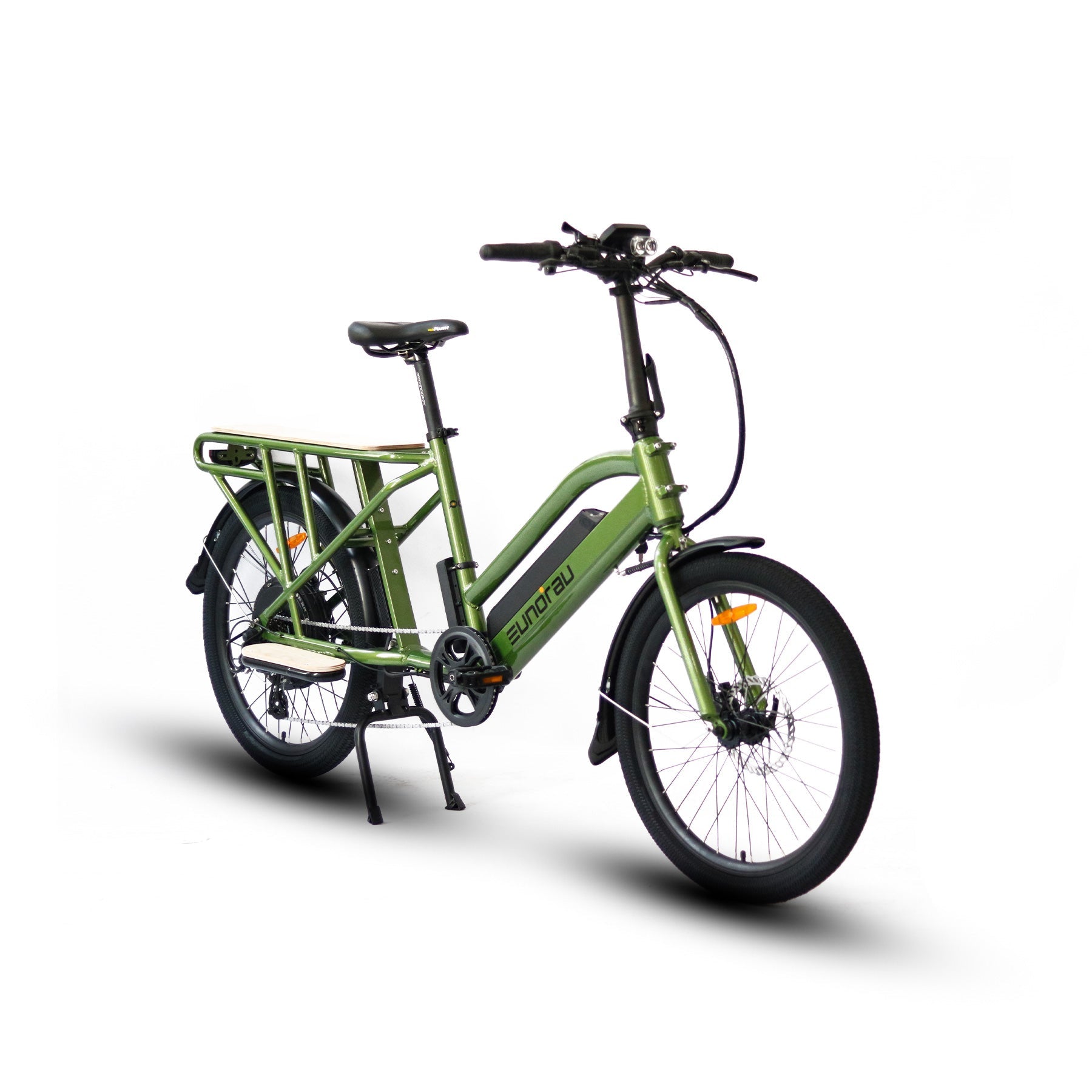 MAX-CARGO EBIKE in green color with a sleek design, featuring a rear cargo rack and city tires.