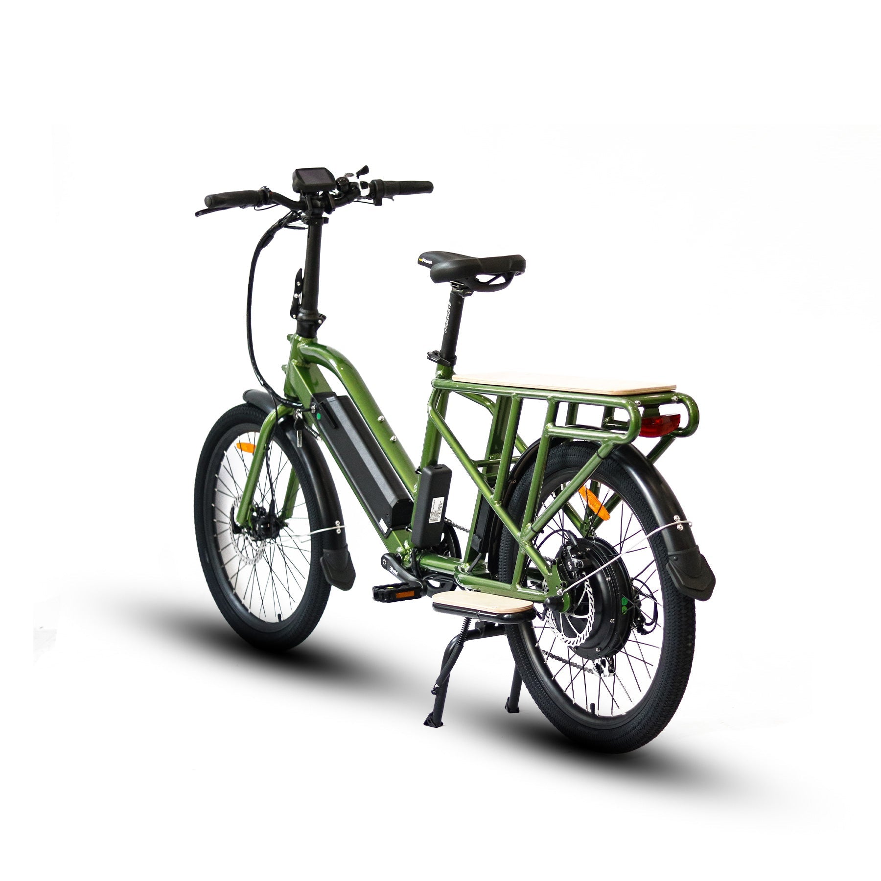 MAX-CARGO EBIKE in green color showcasing its rear view and cargo rack features.