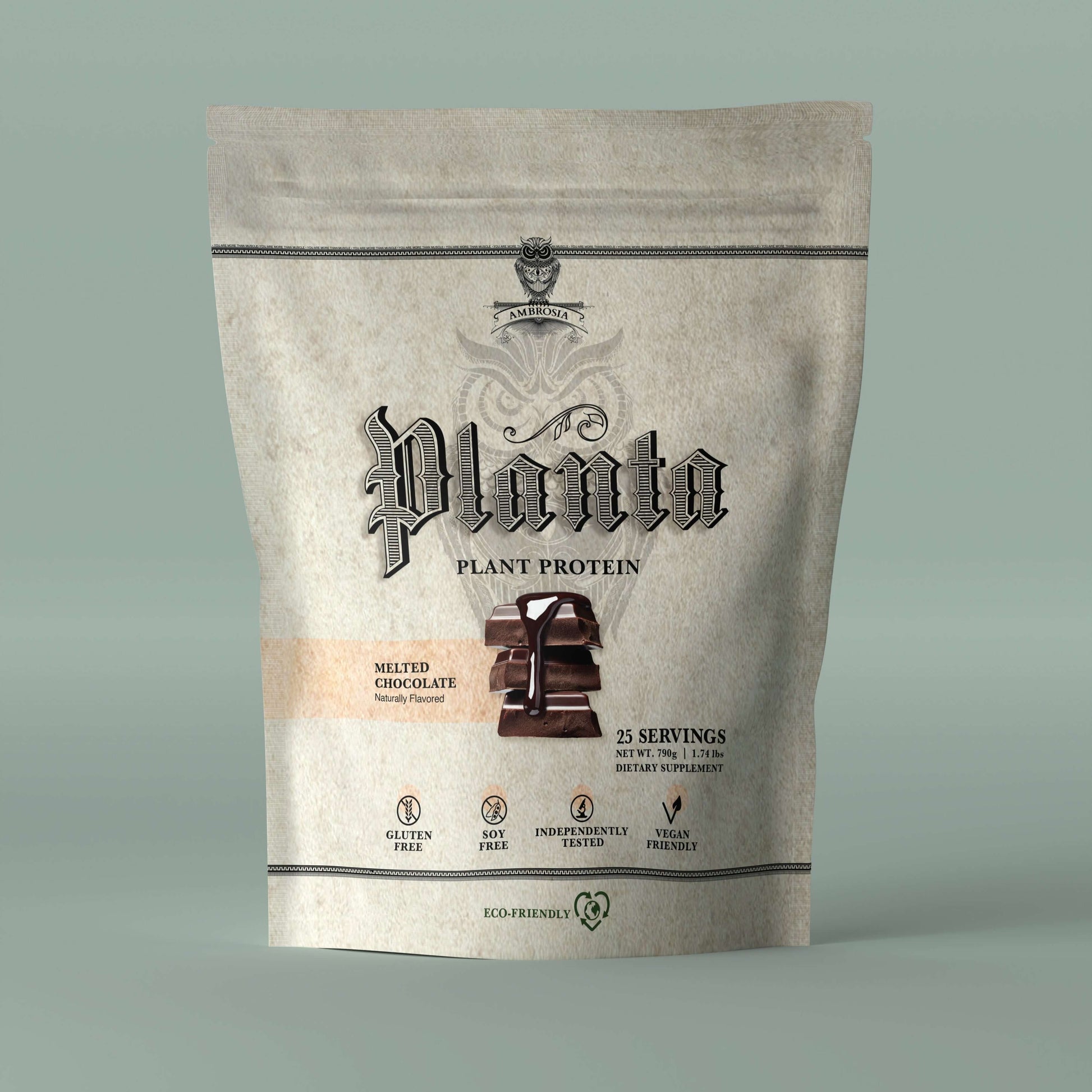 Planta - Premium Plant Protein in melted chocolate flavor, 25 servings, gluten-free, non-GMO, and vegan-friendly.