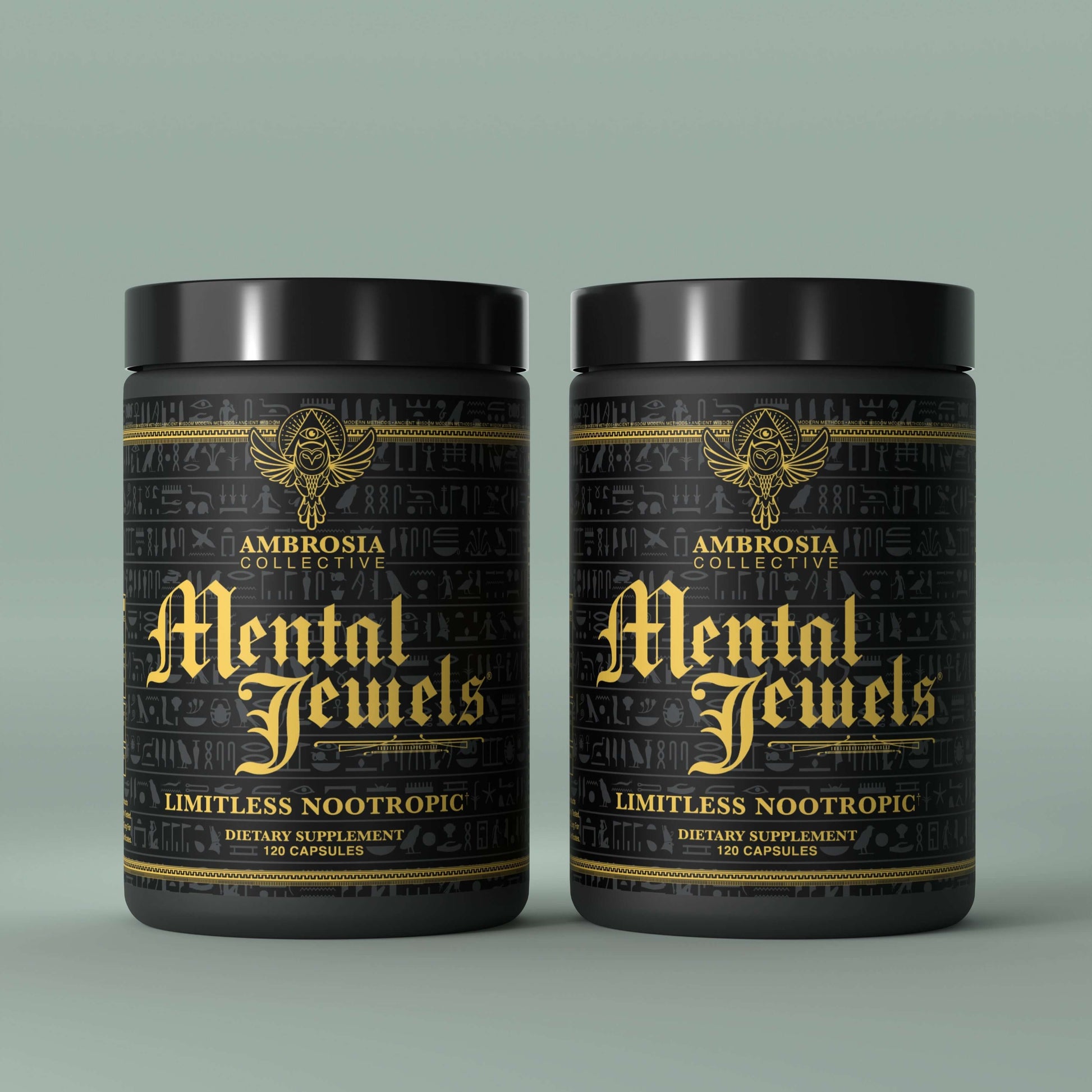 Mental Jewels - Capsules, dietary supplement jars showcasing limitless nootropic formula, featuring 120 capsules each.