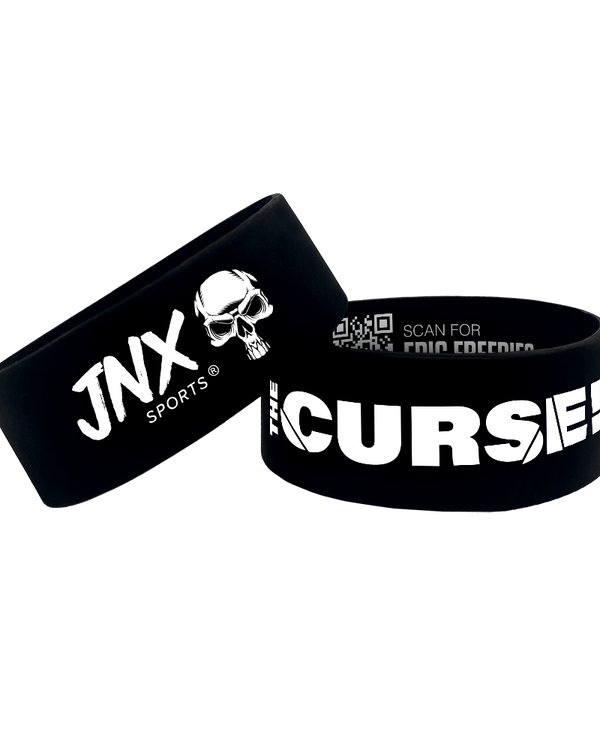 The Curse Wristbands display with front and back design showcasing epic colors and JNX Sports logo.