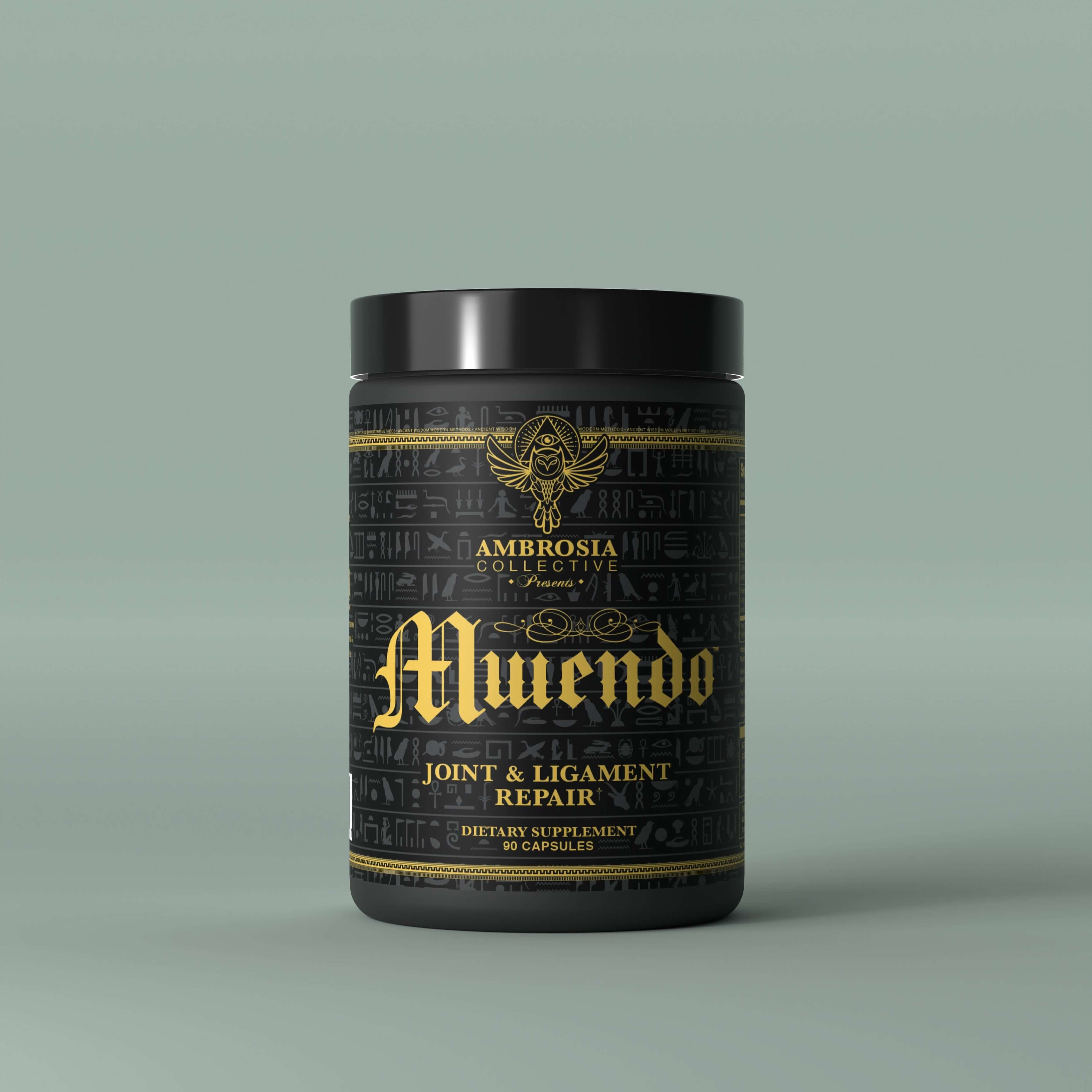Mwendo Joint Support dietary supplement for joint and ligament repair in a sleek black container.
