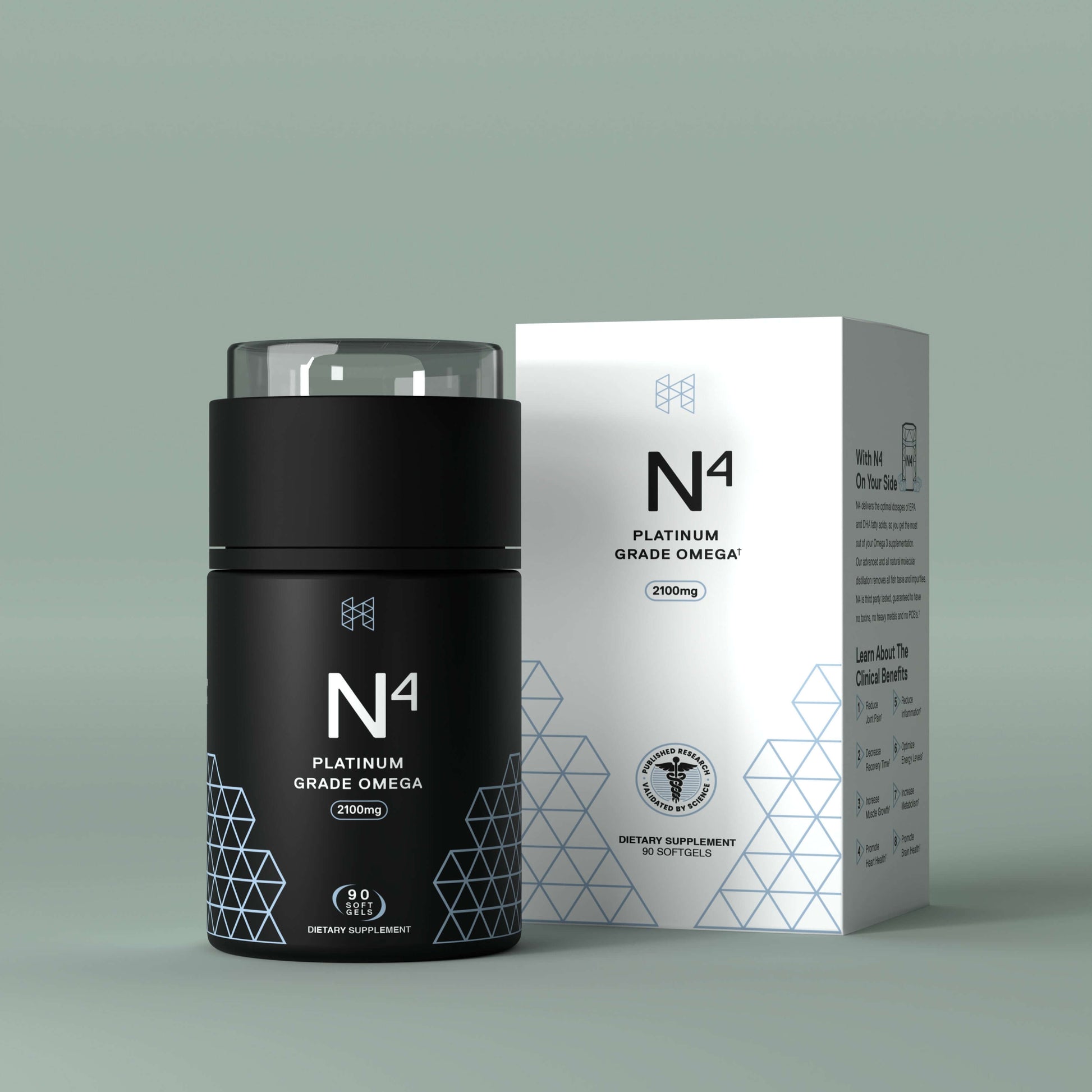 N4- Icelandic Omega-3 Fish Oil bottle with packaging, 30 day supply of platinum grade omega-3 supplement.