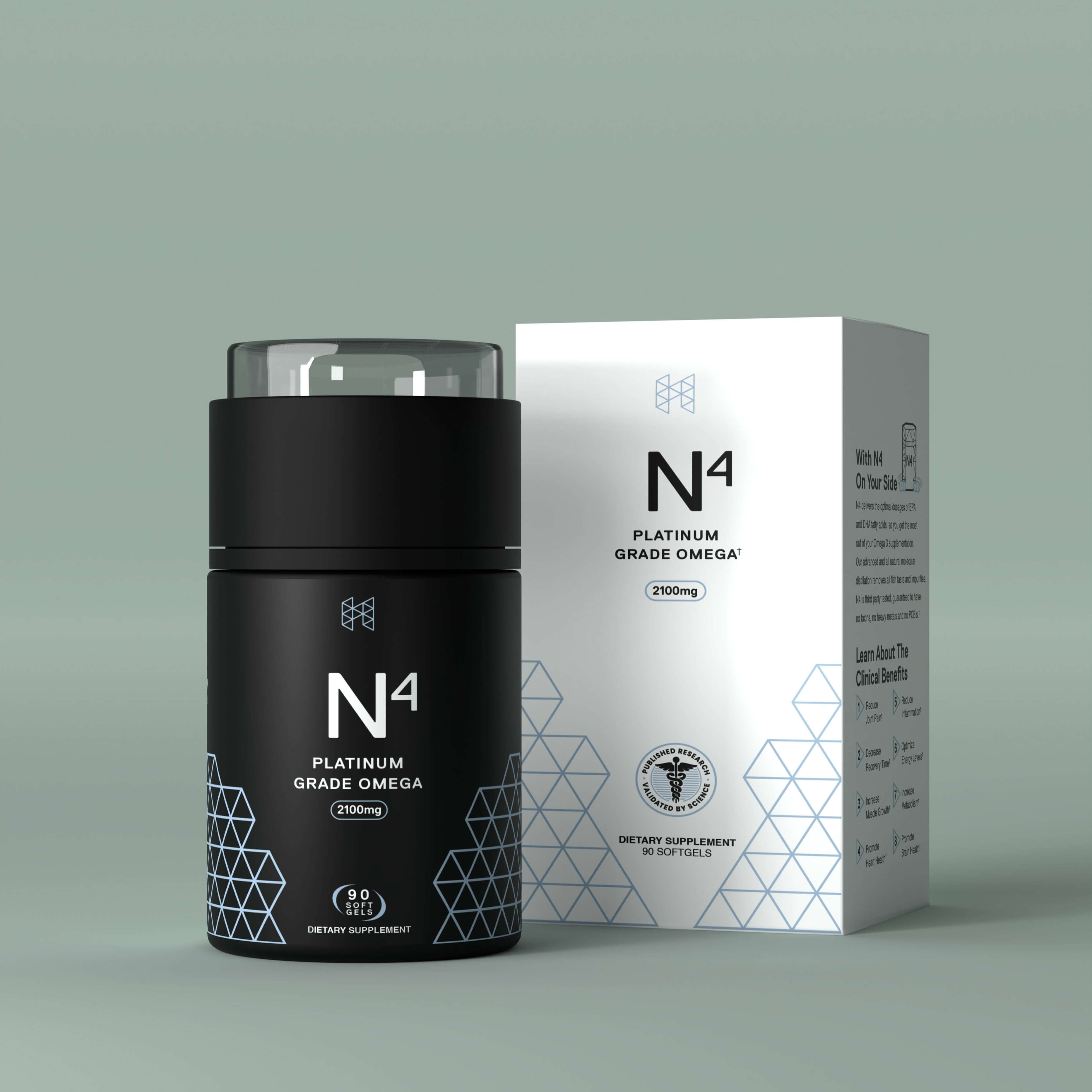 N4- Icelandic Omega-3 Fish Oil bottle with packaging, 30 day supply of platinum grade omega-3 supplement.