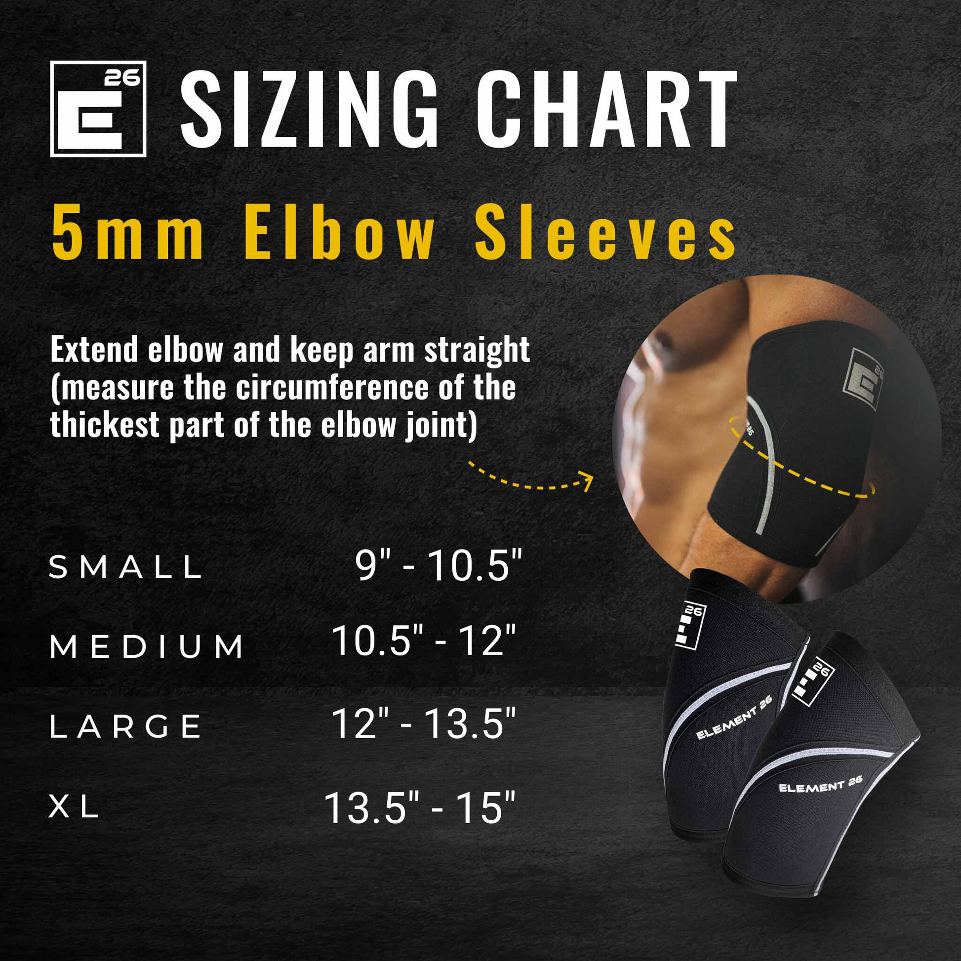 Sizing chart for 5mm Elbow Sleeves showing sizes from Small to XL.