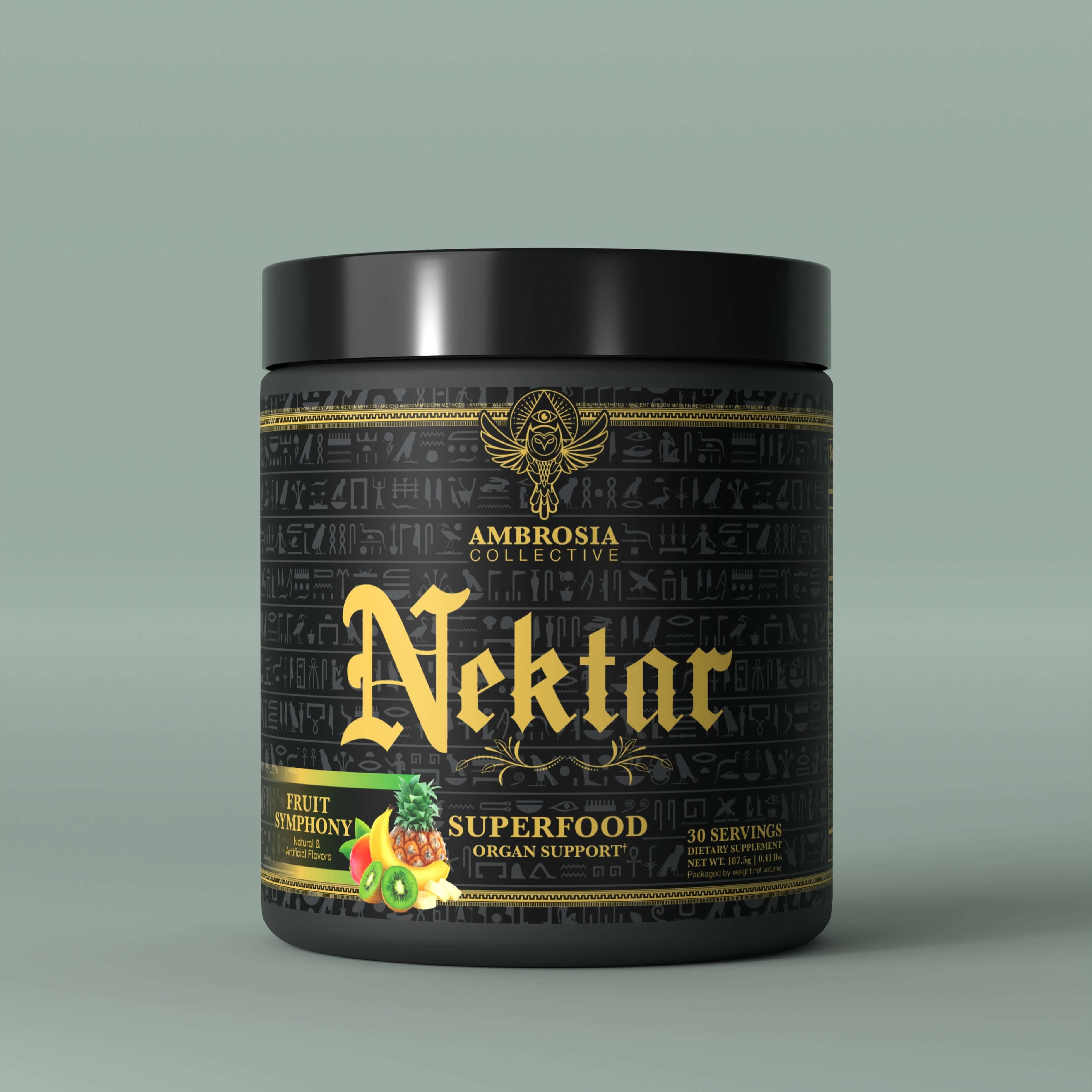 Nektar - Superfood & Vital Organ Health product packaging showcasing fruit symphony and organ support features.